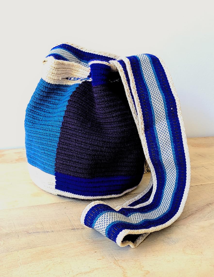 TERRA FUSION Bolso Wayuu hecho a mano | Bolsa Geo Medio | Bolsa Ética | Azul Rey, azul