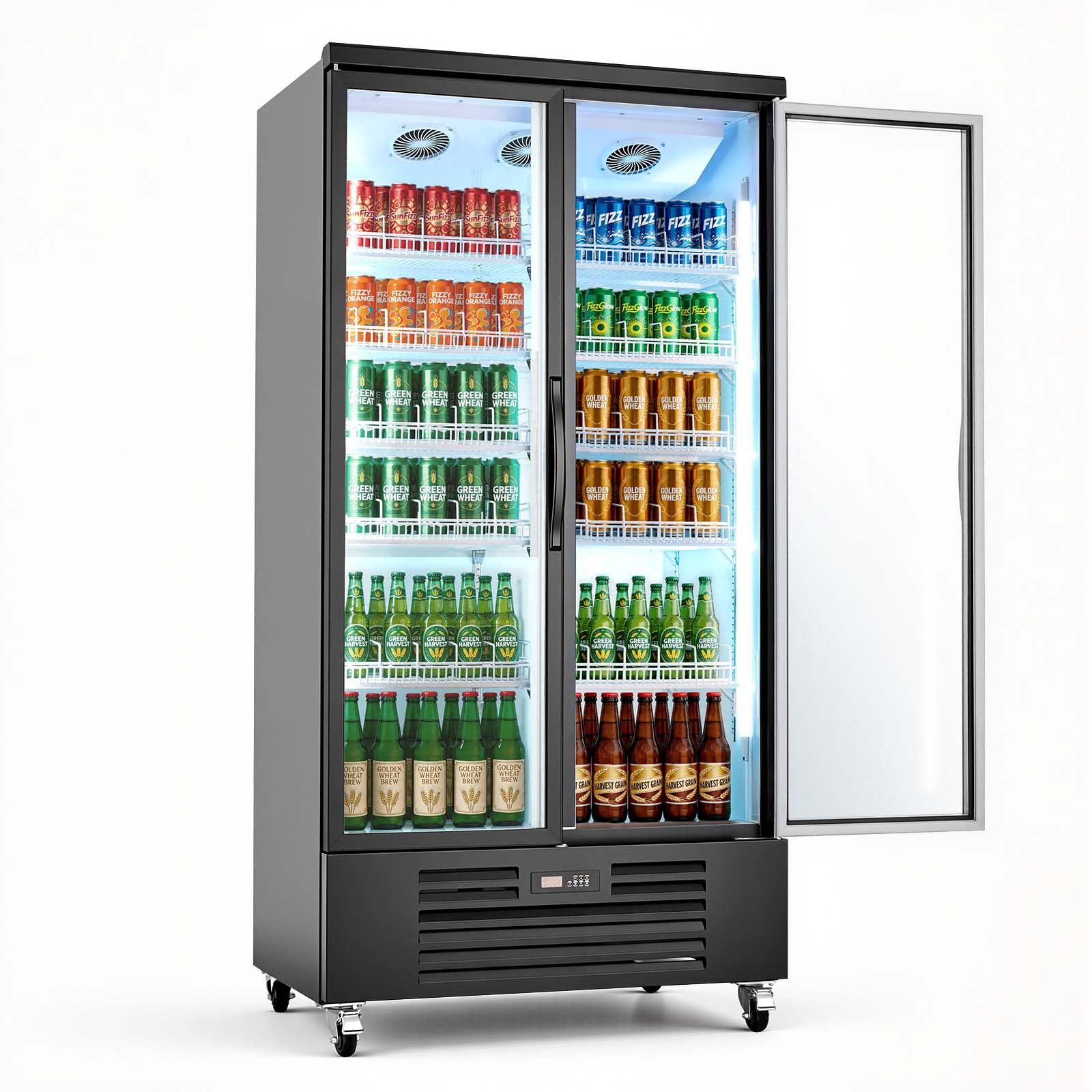 VEVOR Commercial Merchandiser Refrigerator, 24.9 Cu.Ft / 705L Upright Beverage Cooler, 2 Glass Door Display Refrigerator with 5 Adjustable Shelves, Soft LED Light &amp; Casters for Bars Shops Supermarkets