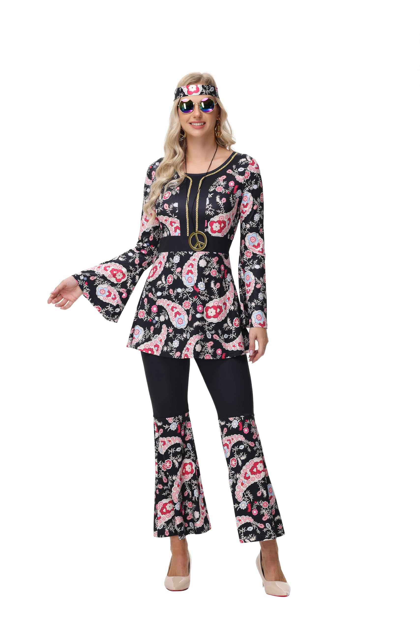 ELFIN Disfraz hippie de los años 60 y 70 para mujer, accesorios con parte superior hippie, pantalones, gafas, diadema, collar, pendientes, disfraz de discoteca, carnaval, fiesta temática, Halloween