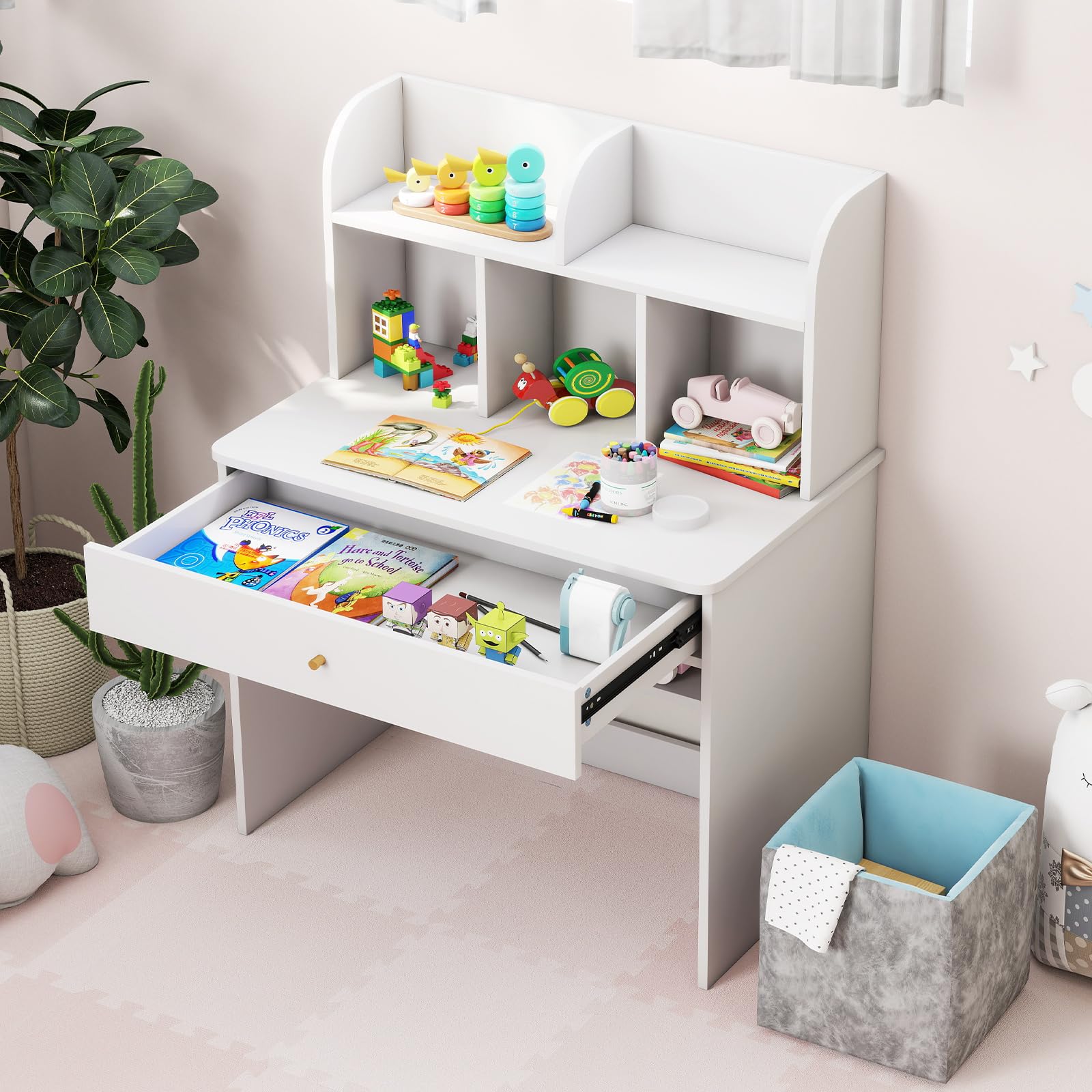 RELAX4LIFE Scrivania per Bambini con Spazio di Stoccaggio, Tavolo da Scrittura in Legno con Cassetto e Ripiano Aperto, Postazione di Lavoro per Studenti a Domicilio per Bambini 3+ (Bianco)
