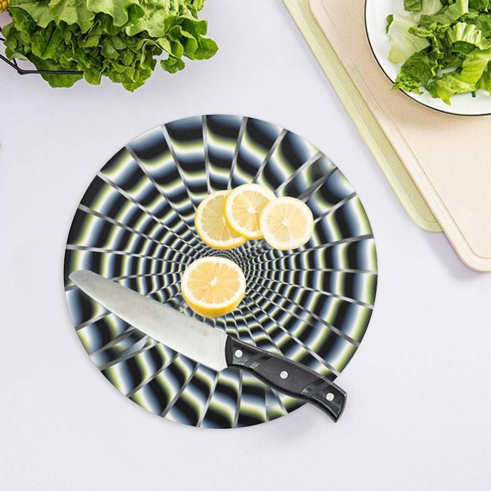 Tabla de cortar redonda con ilusión óptica en espiral, fácil de limpiar, tablas de cortar para cocina, tamaño grande 7.9, tablas de cortar esenciales de cocina, convenientes para carne y verduras