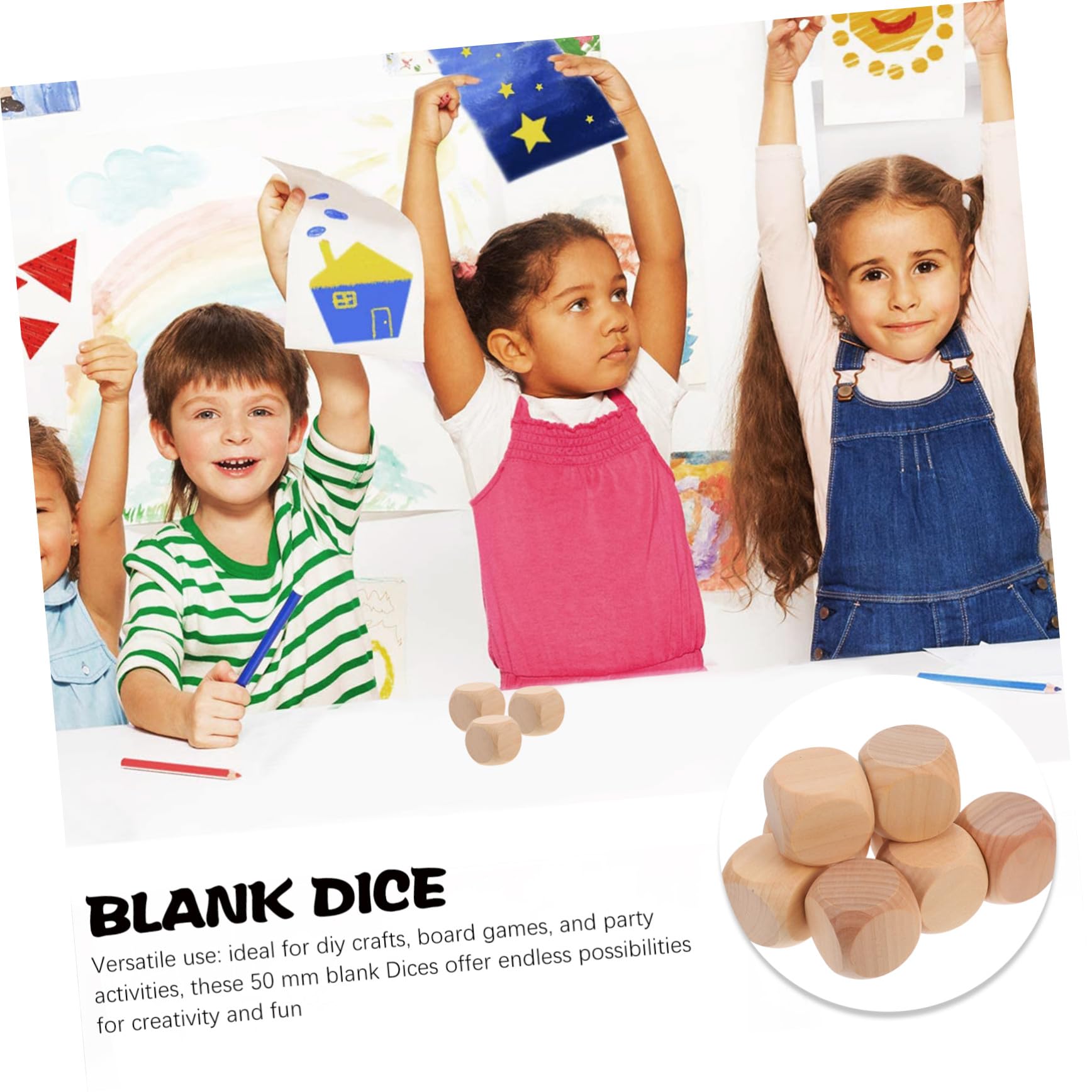 Dés Blancs Arrondis 6 Faces 50mm, Lot de 8 en Bois