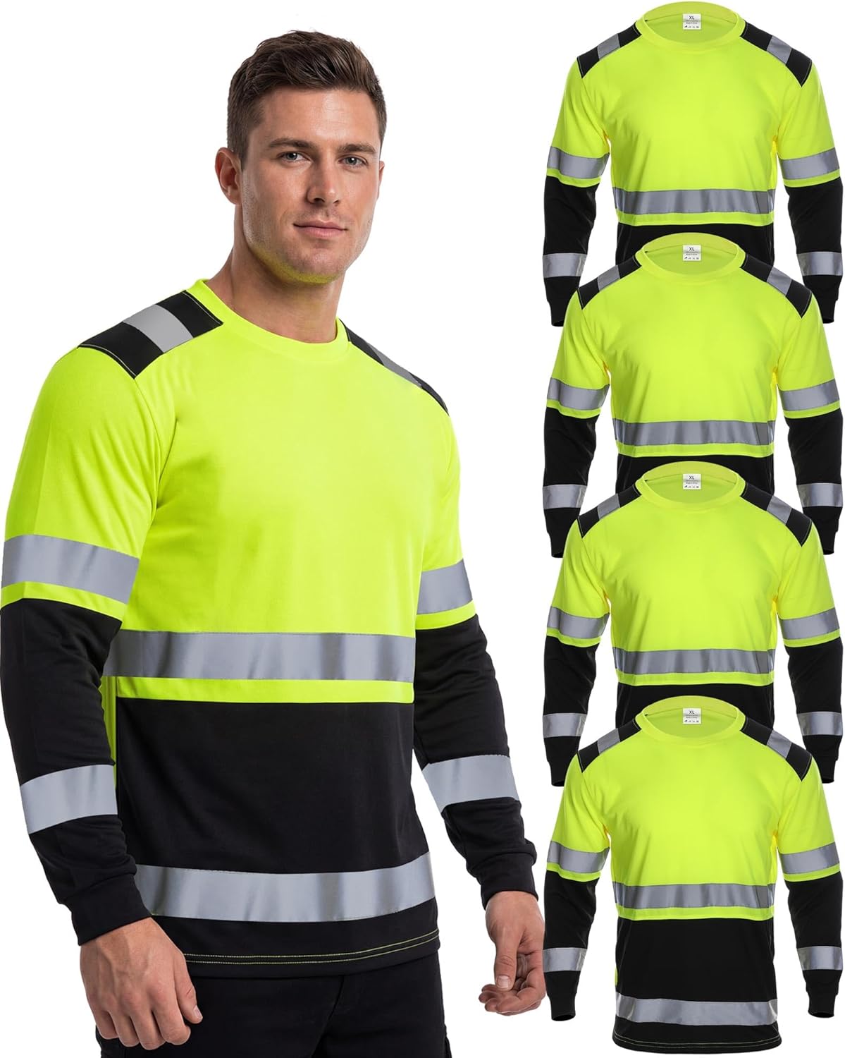 JaGely 4 Pcs Reflective Safety Shirts Long Sleeve High Visibility T-Shirts Hi Vis Construction Work Shirts Workwear for Men