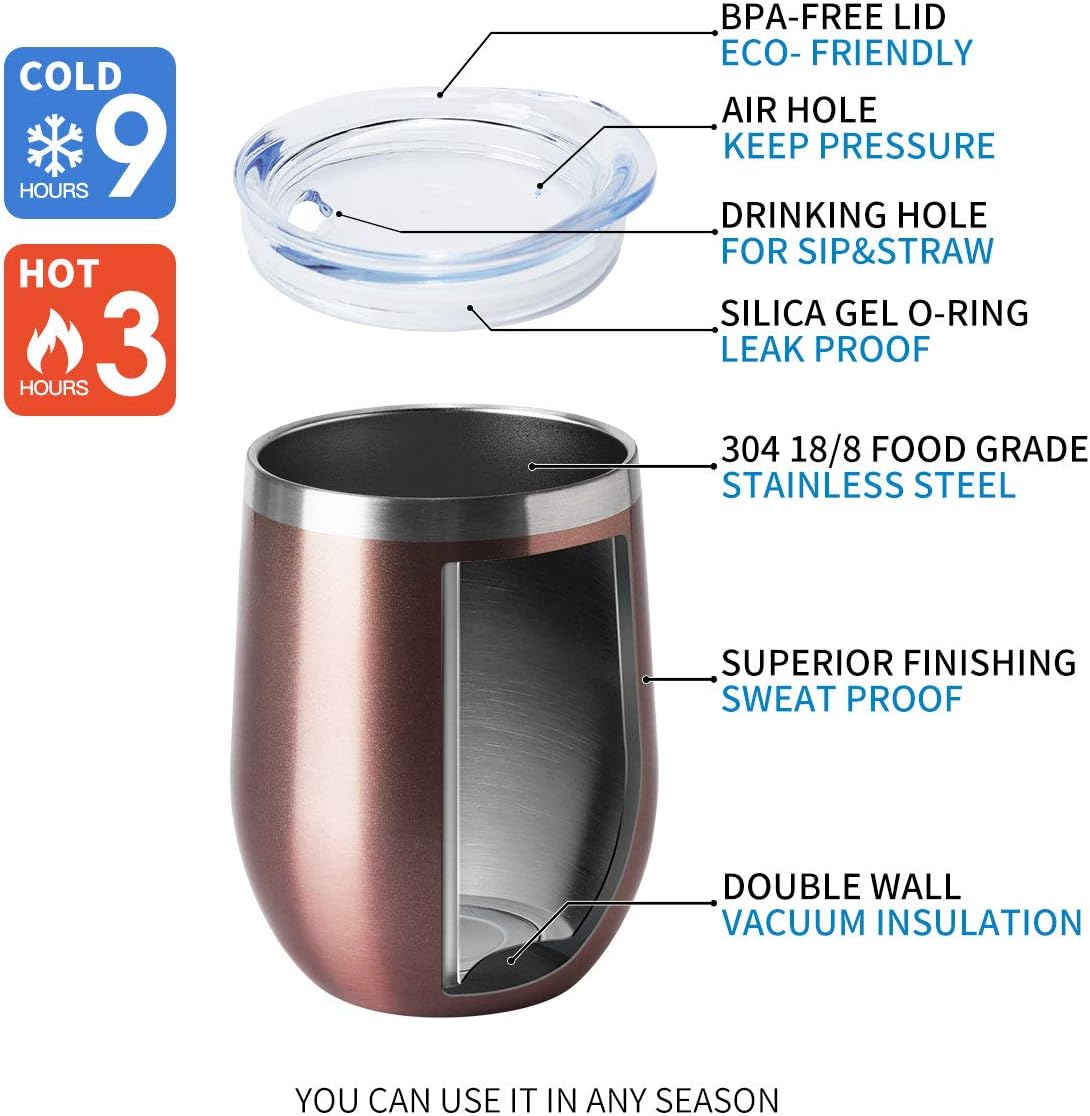 HASLE OUTFITTERS 12oz Wine Tumbler with Lid Stemless Wine Glasses Double Wall Vacuum Travel Mugs stainless steel Coffee Cup for Cold & Hot Drinks Wine Coffee Cocktails Beer 12 Pack Rose Gold - Image 5