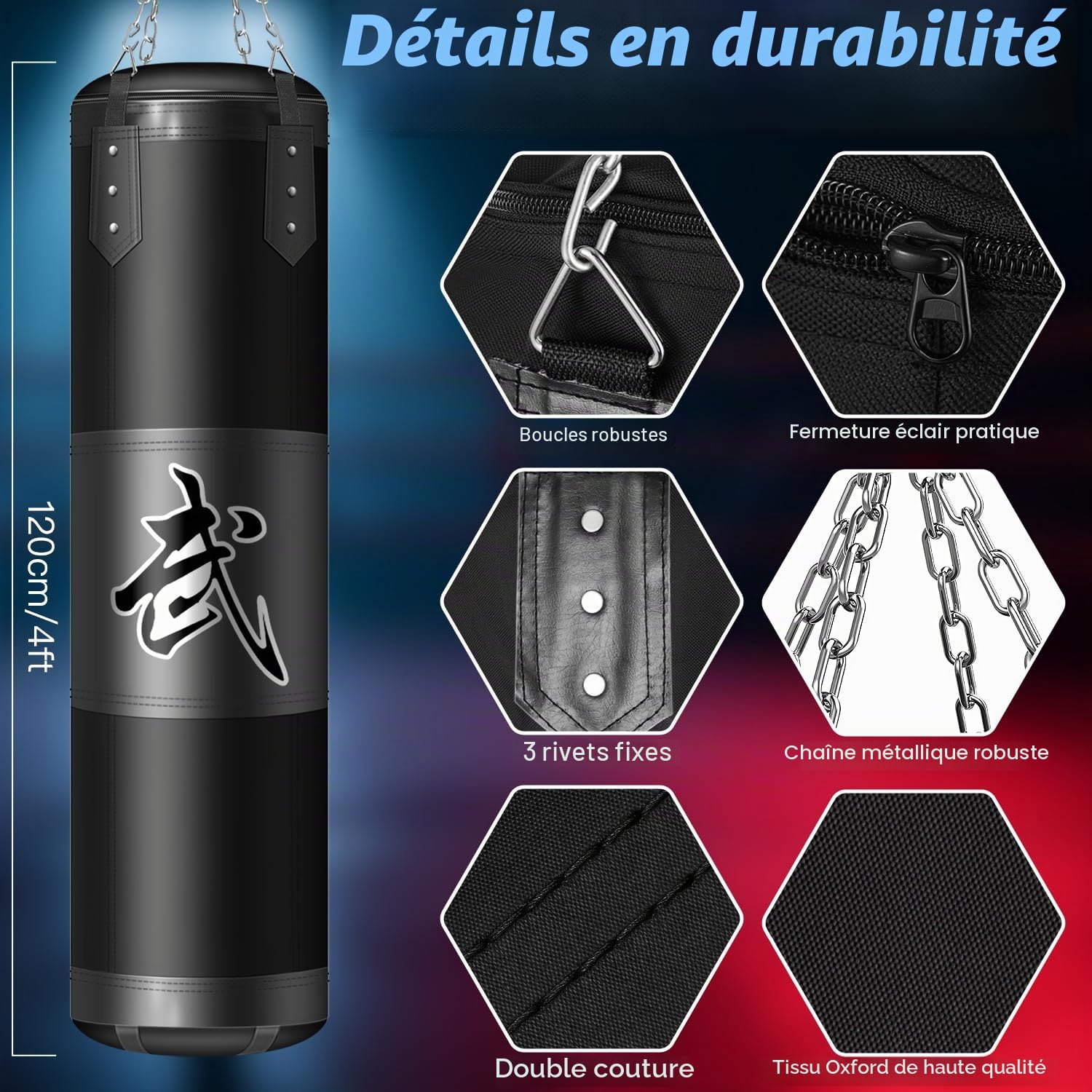 Sac De Frappe Suspendu 120 Cm – Tissu Oxford, Crochet Plafond, Chaîne, Bandes, Protège-Poignets, Pour MMA, Kickboxing, Boxe – 25 Kg Max (Non Rempli)