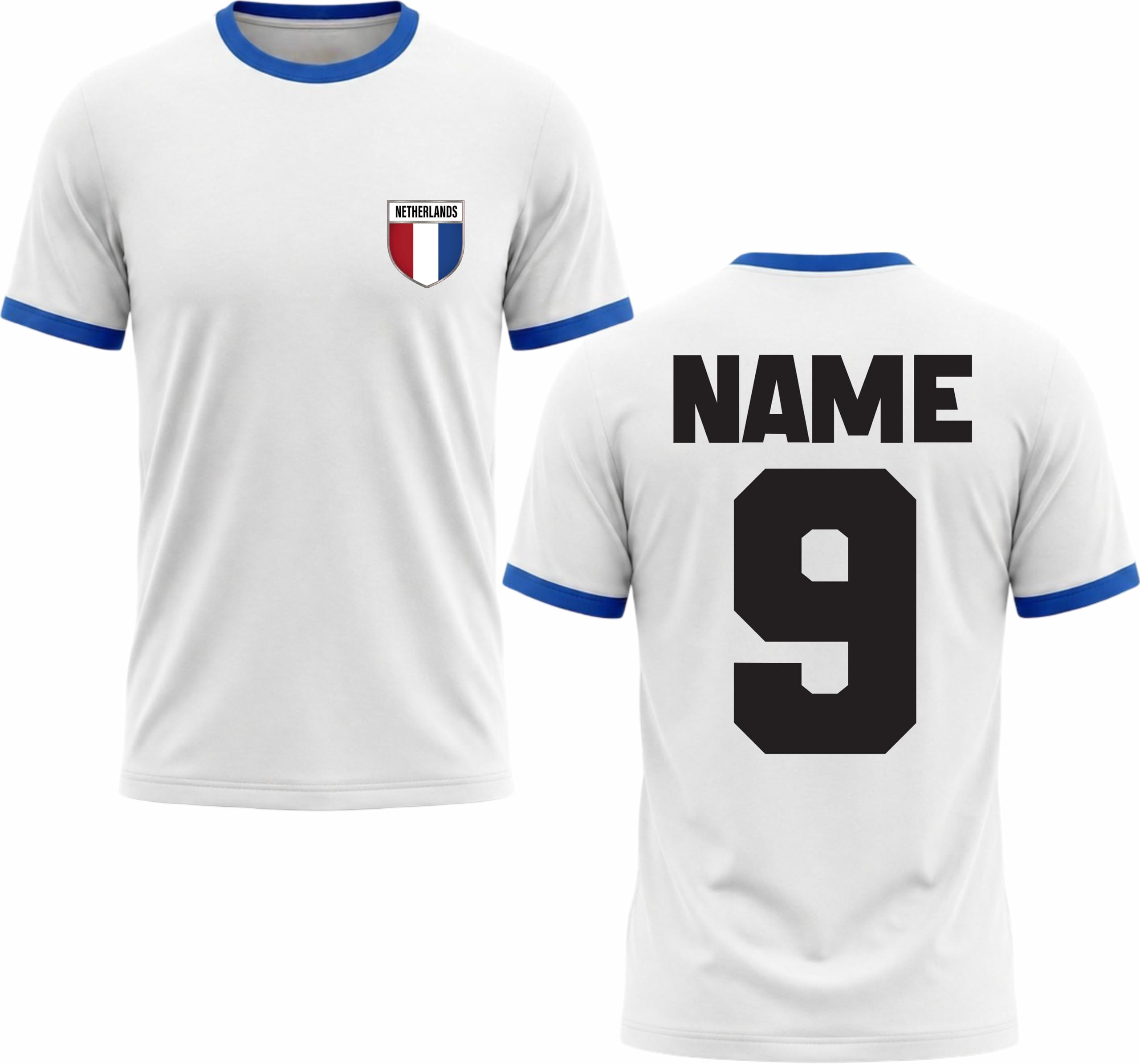 Personalised Dutch Football Ringer T-Shirt Custom Name Number Jersey Netherlands Jersey Gift Top White/Royal