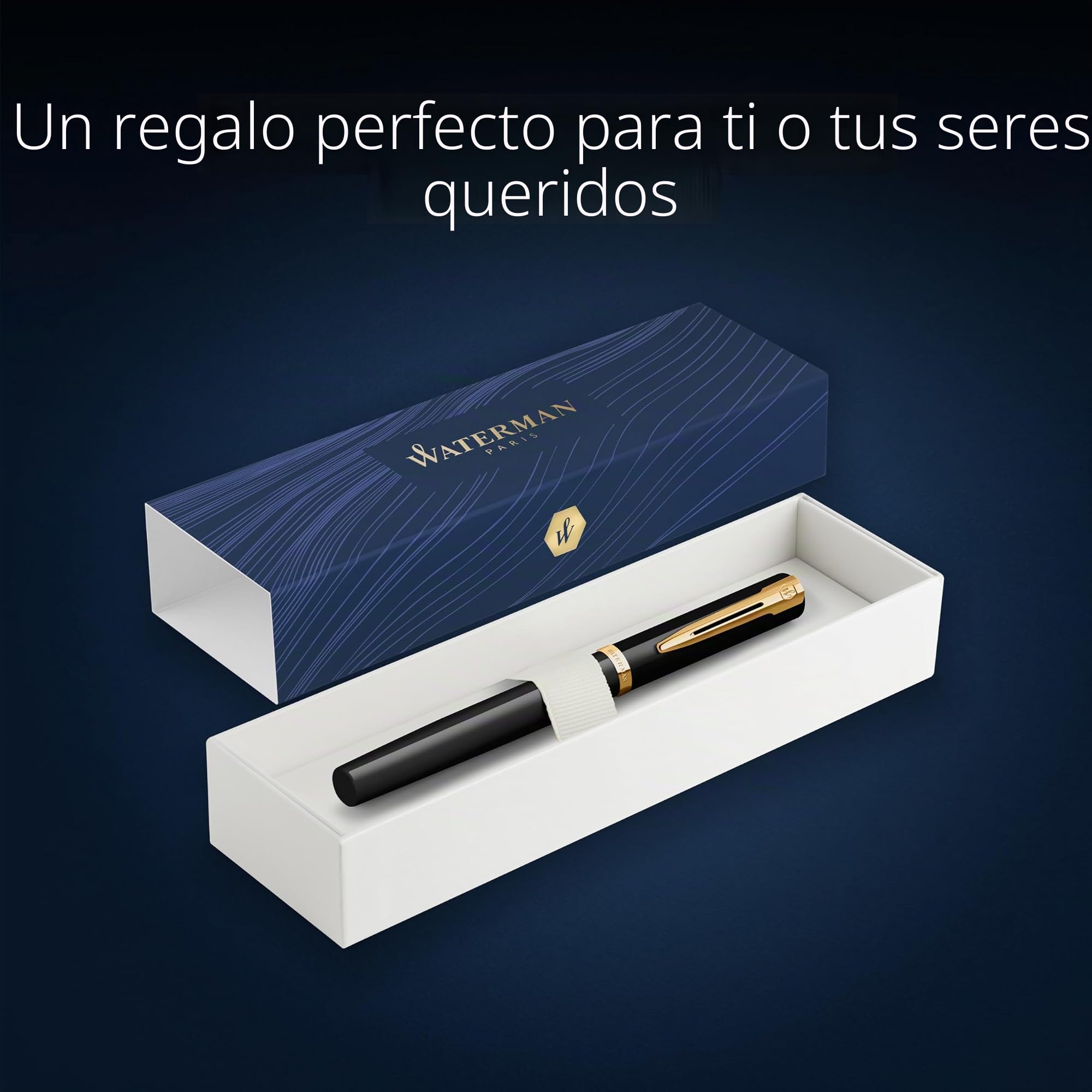Waterman Impression Pluma estilográfica | Plumín medio con recarga de tinta azul | Laca negra con adornos chapados en oro | Caja de regalo