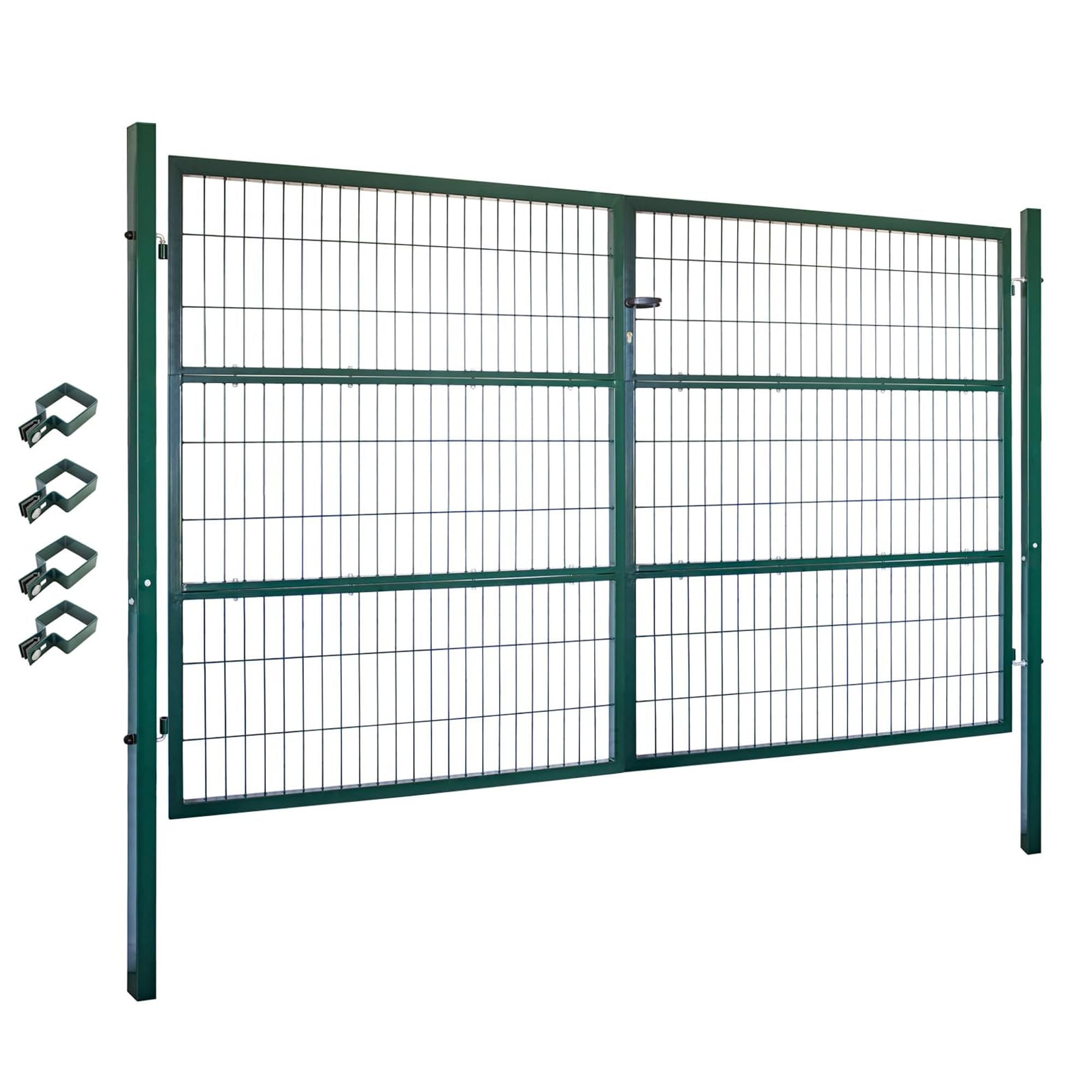 Gartentor Tor Gartenzaun Zaun 300x160 cm Doppelflügelig Gartentür aus Metall für Stabmattenzaun Abschließbar inkl. Pfosten Grün