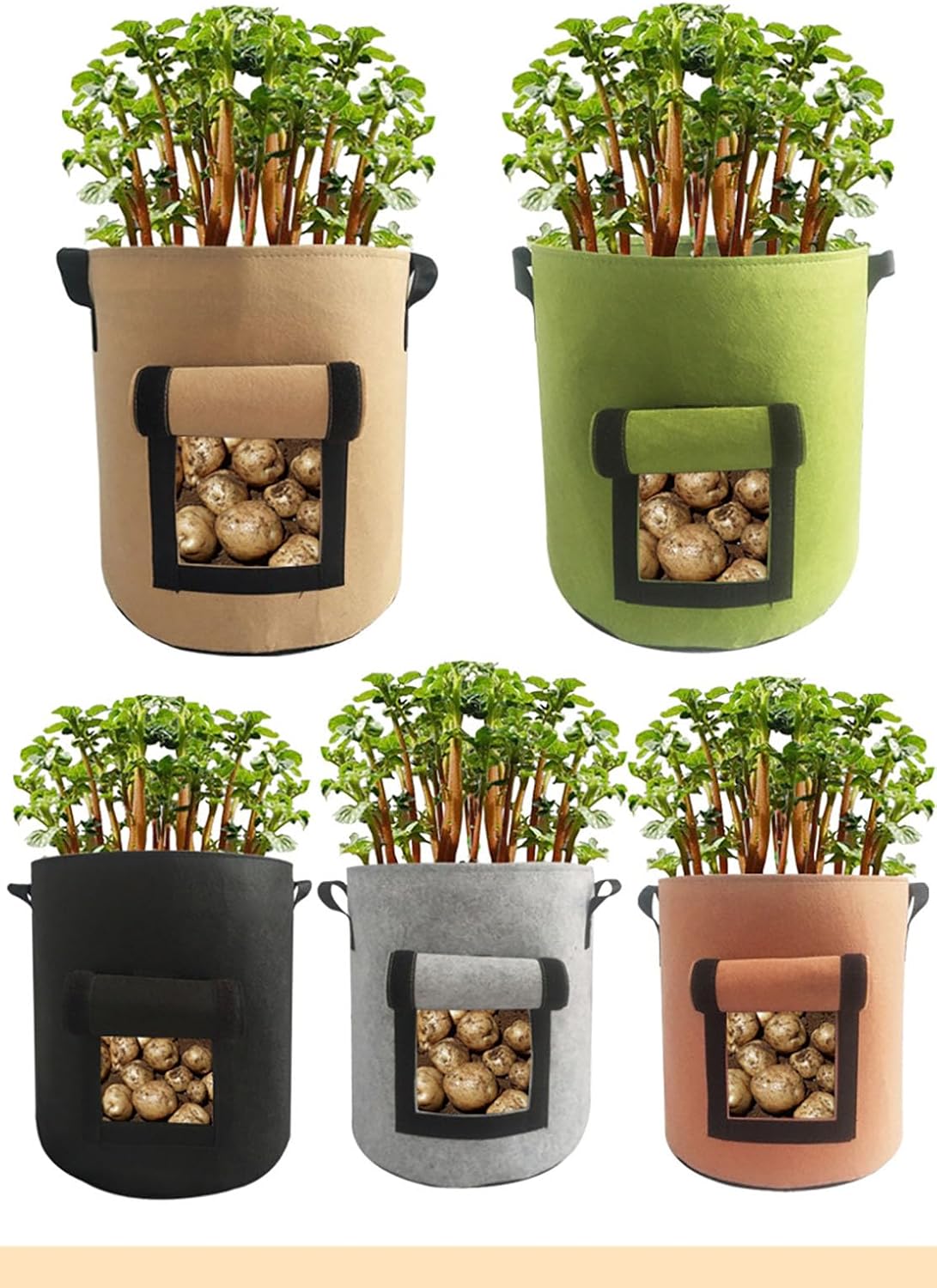 Ulalaza 5PCS Potato Grow Bags with Flap Plant Grow Bags Fabric Multi Ribbon Potato Bag Tomato Vegetable Growth Non-Woven Felt Planting Bag Transparent