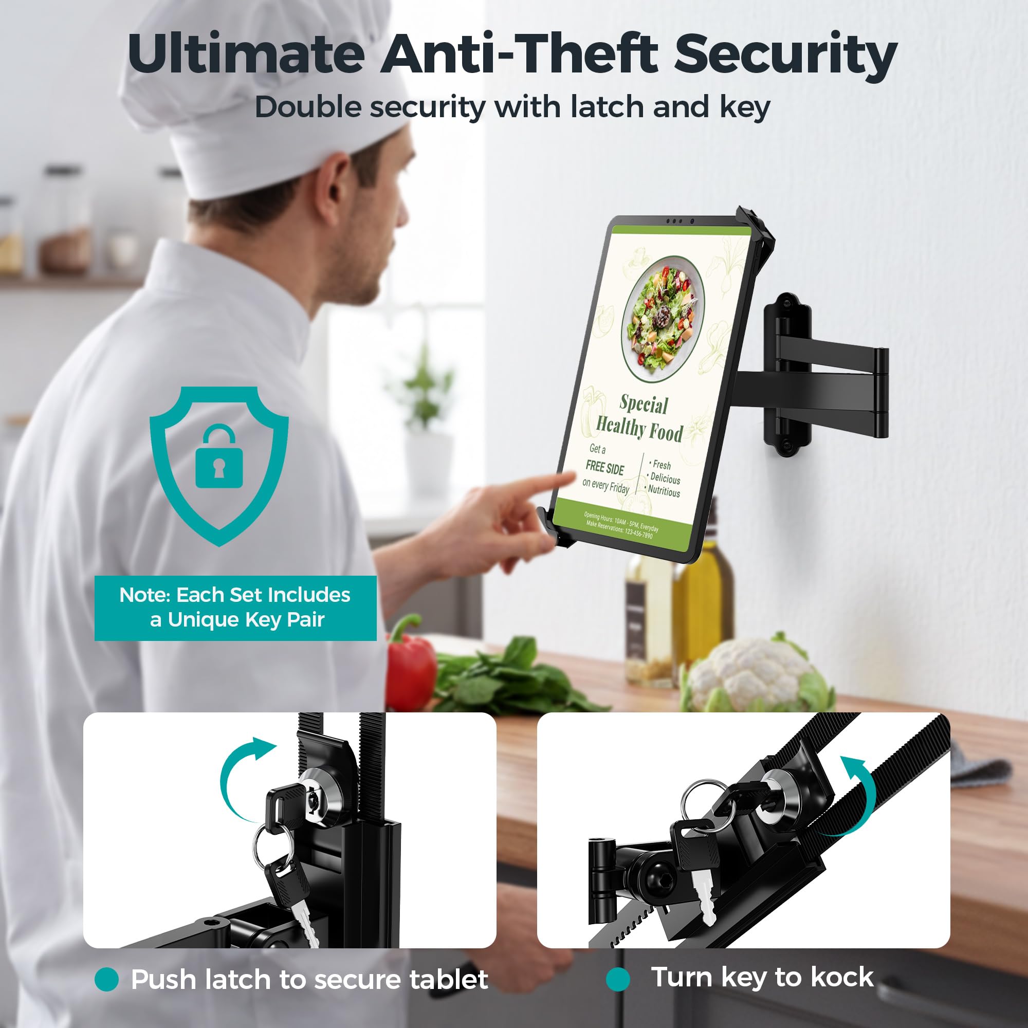 Soporte De Pared Para Tablet Antirrobo, Metálico Para iPad 7"-14" Pro Air Galaxy Tab, Brazo De Seguridad Con Movimiento Completo Y Cerradura Con Llave Para Tiendas, POS Y Kioscos Comerciales, Negro