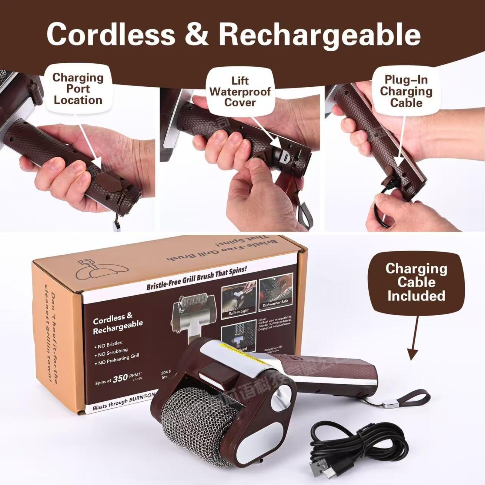Spazzola elettrica per la pulizia della griglia, senza fili, ricaricabile, con rullo in acciaio inox da 350 giri/min e luce LED, detergente per barbecue senza setole