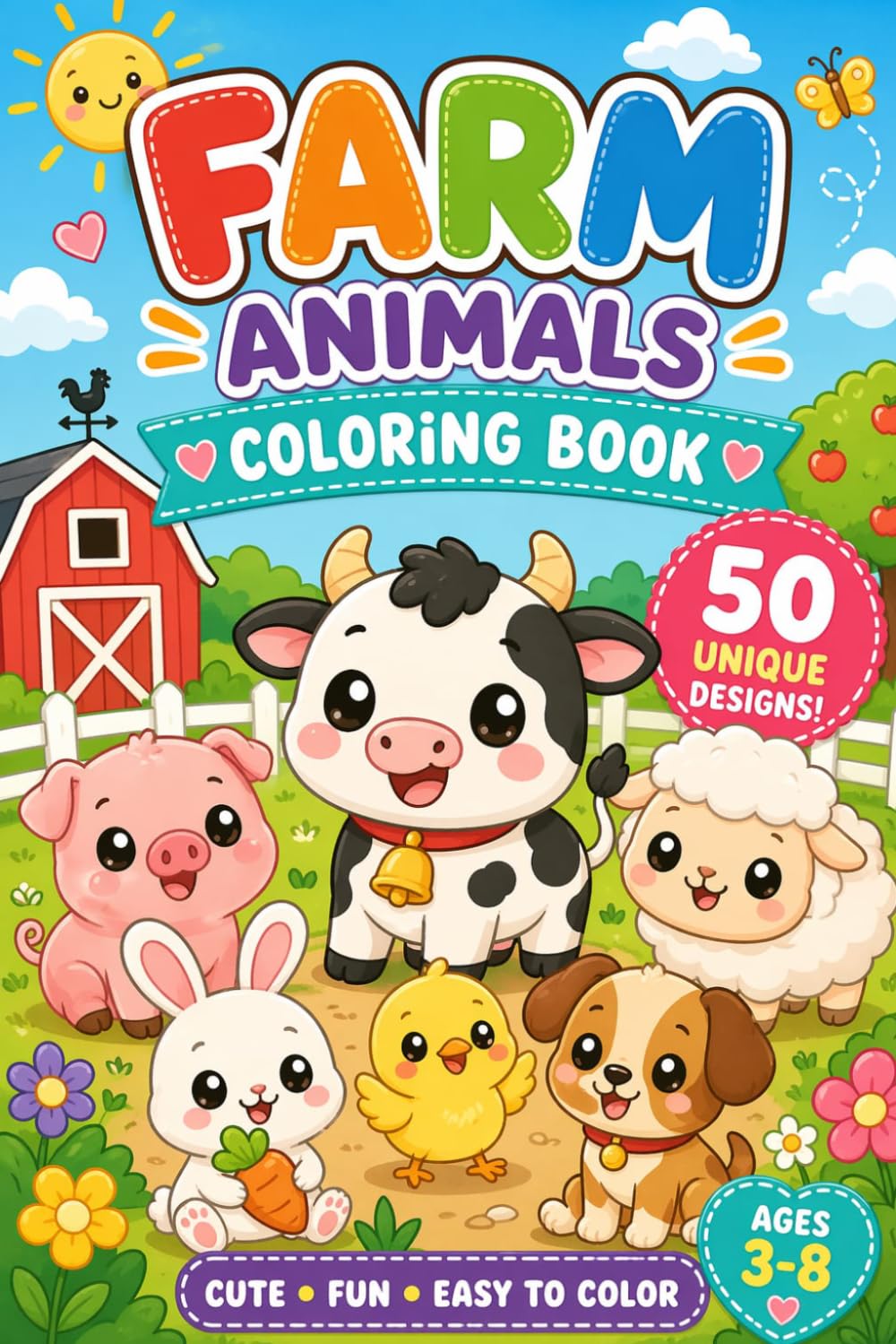 Farm Animals Coloring Book for Kids Ages 3-8: 50 Cute & Easy Kawaii Farm Animals | Fun, Simple and Adorable Coloring Pages for Toddlers and Young Kids