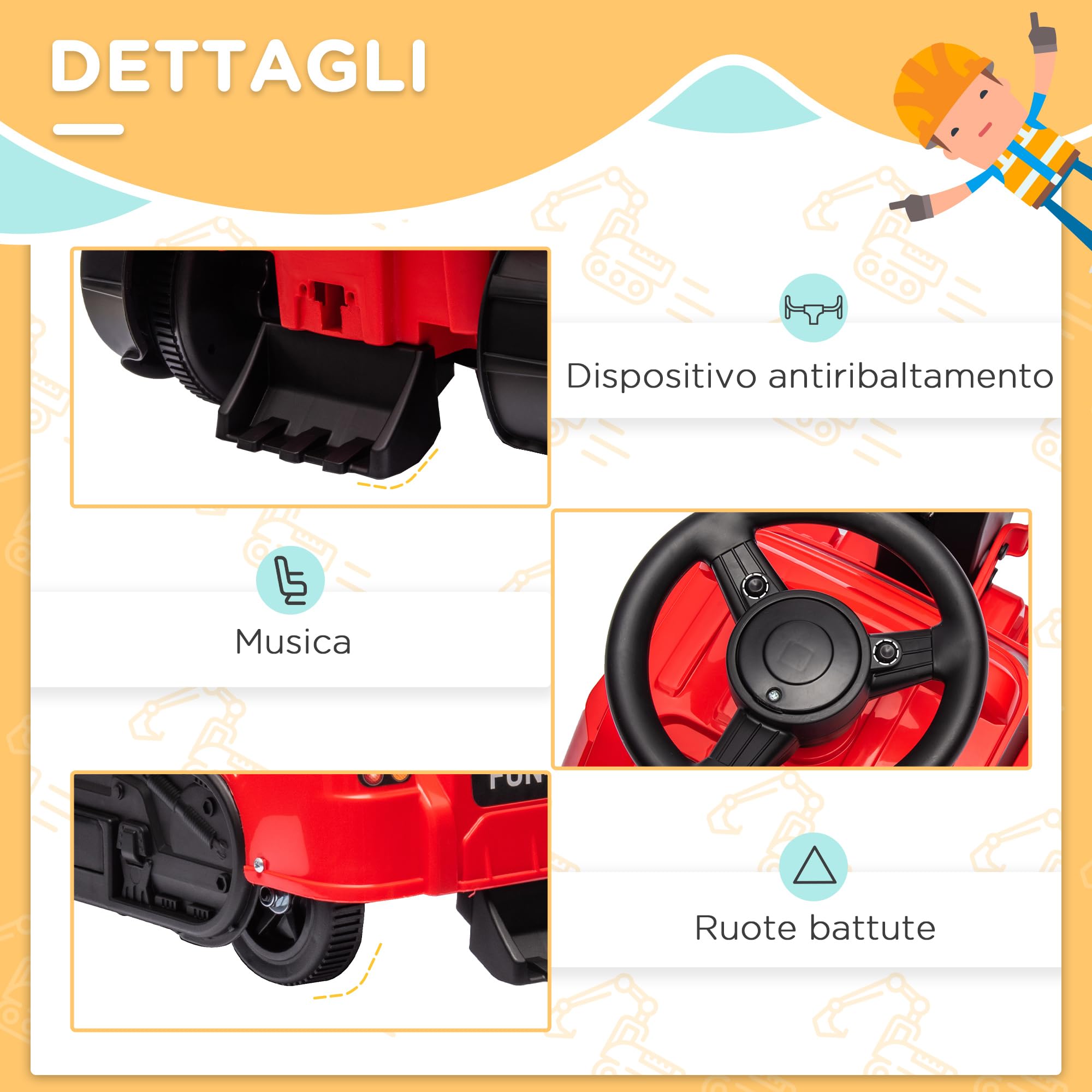 HOMCOM Ruspa Giocattolo con Volante e Benna di Scavo, 3 in 1 Macchina Cavalcabile per Bambini da 18 Mesi-2 Anni, 100x43x48.5 cm, Rosso