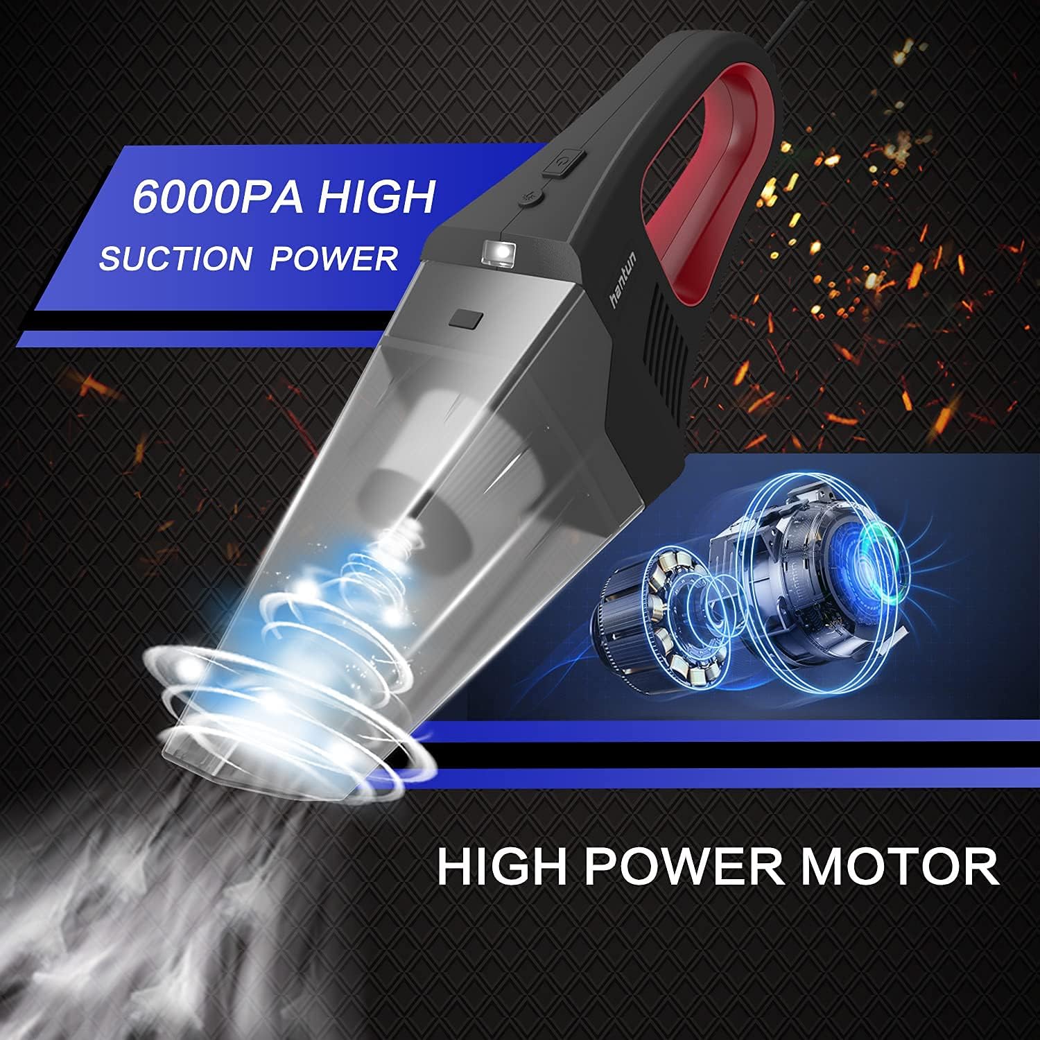 Corded Car Vacuum, Hantun Car Vacuum Cleaner High Power DC 12V 6000 Mpa with 15" Cord, Mini Portable Handheld Car Vac,Wet Dry Strong Suction for Deep Clean,Washable HEPA Filter : Automotive