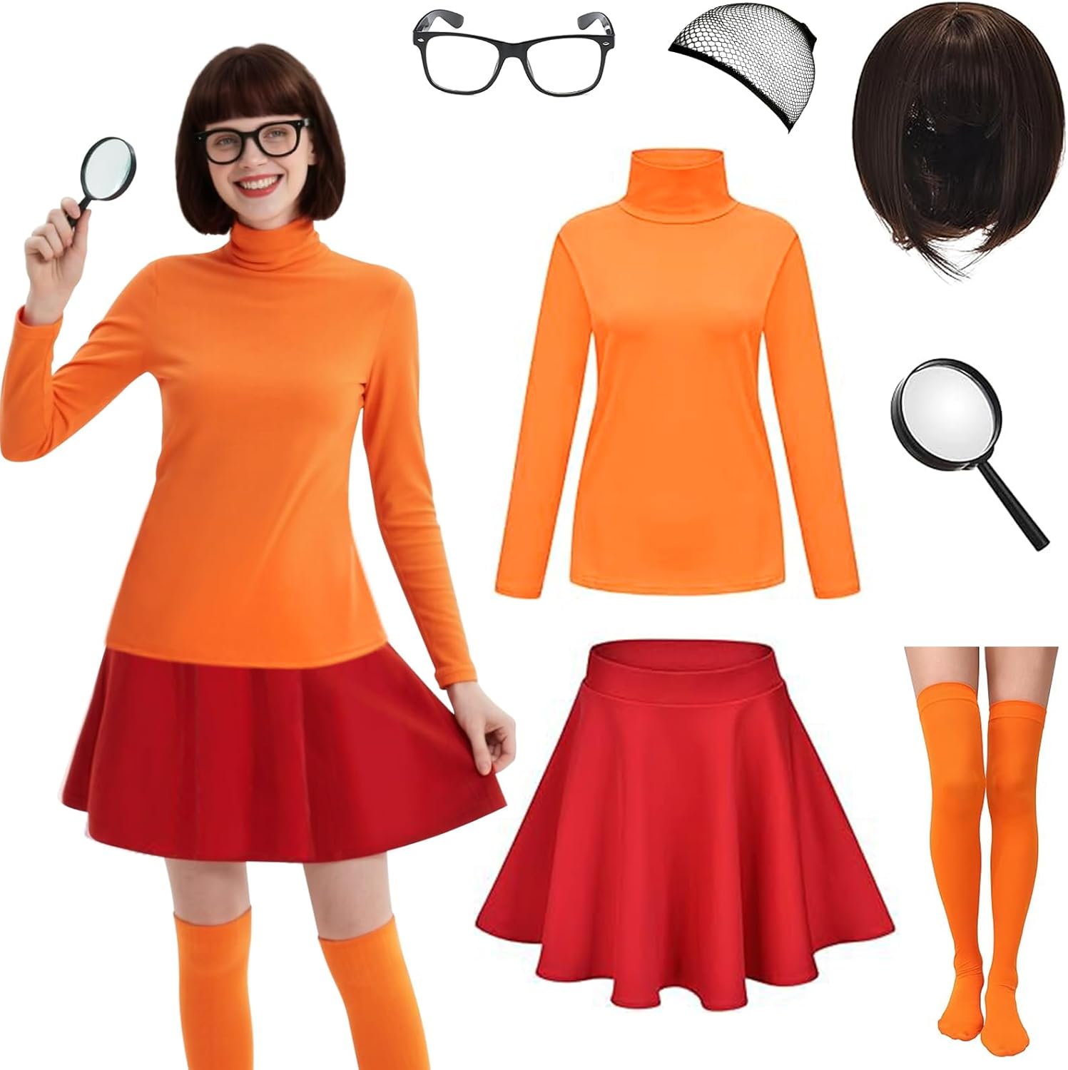 Women Halloween Costumes Adult, Orange Turtleneck Top, Red Skirt, Brown Bob Wig, Socks, Glasses and Magnifying Glass Large