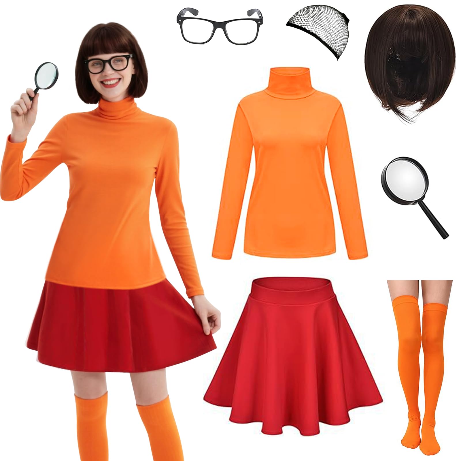 Women Halloween Costumes Adult, Orange Turtleneck Top, Red Skirt, Brown Bob Wig, Socks, Glasses and Magnifying Glass Large