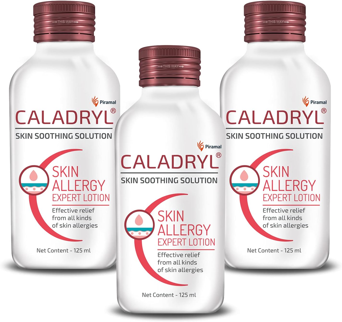 Caladryl Skin Allergy Expert Lotion for relief from skin rashes, sunburn, prickly heat, insect bites - Pack of 3 (3 x 125 ml), White