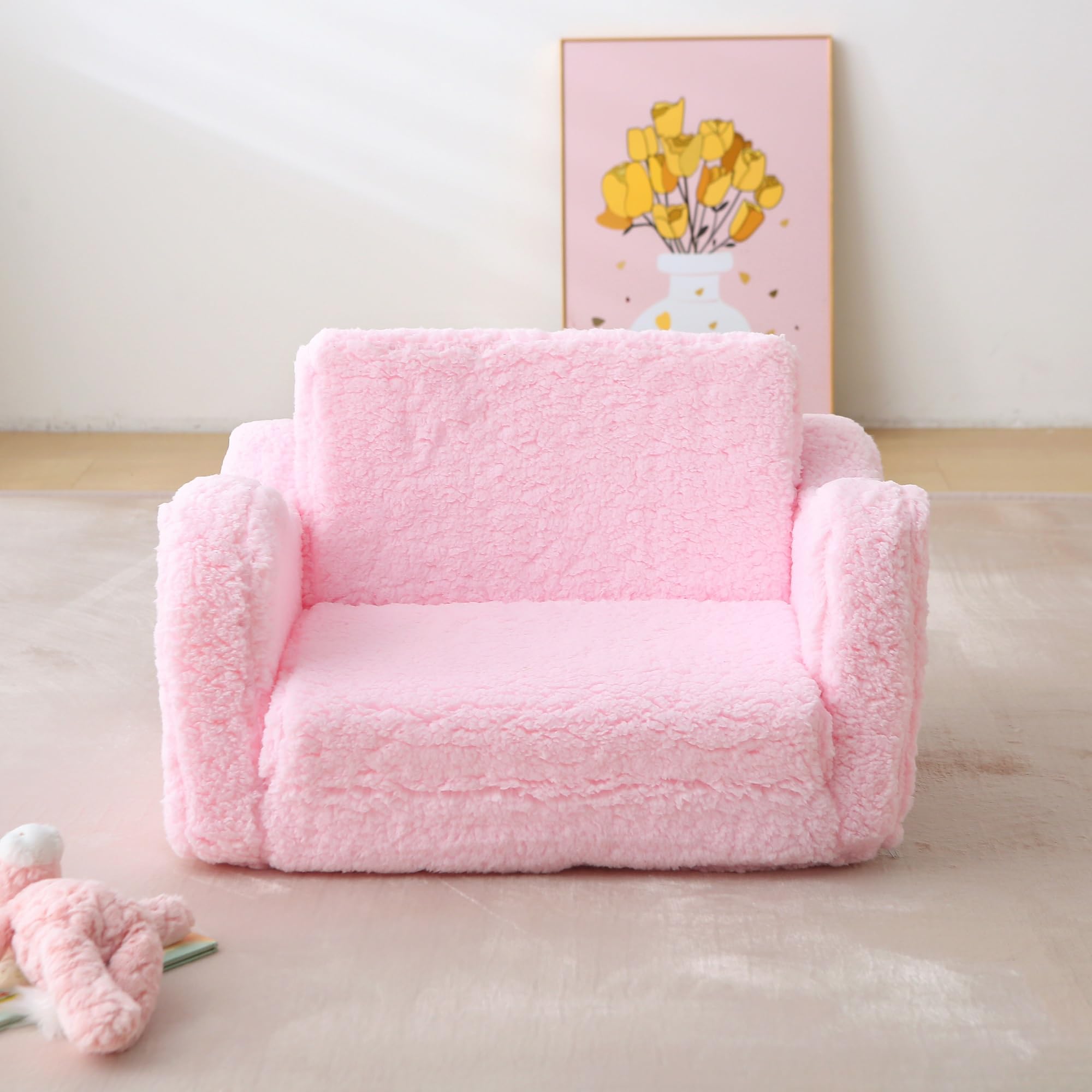 Sofá infantil para niños pequeños, sofá 2 en 1 de sherpa suave para bebés de 1 a 3 años de edad, plegable, sofá convertible para niñas y niños (rosa) 4