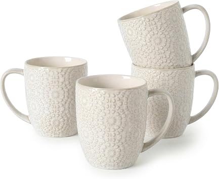 Coffee Mug Set of 4, 16 oz Ceramic Coffee Mugs, Large Embossment Cups, Vintage White Mugs Set for Latte, Cocoa, Hot Tea, Mocha, Housewarming Wedding Gifts, Dishwasher Safe, 3.5 x 4.5 inch