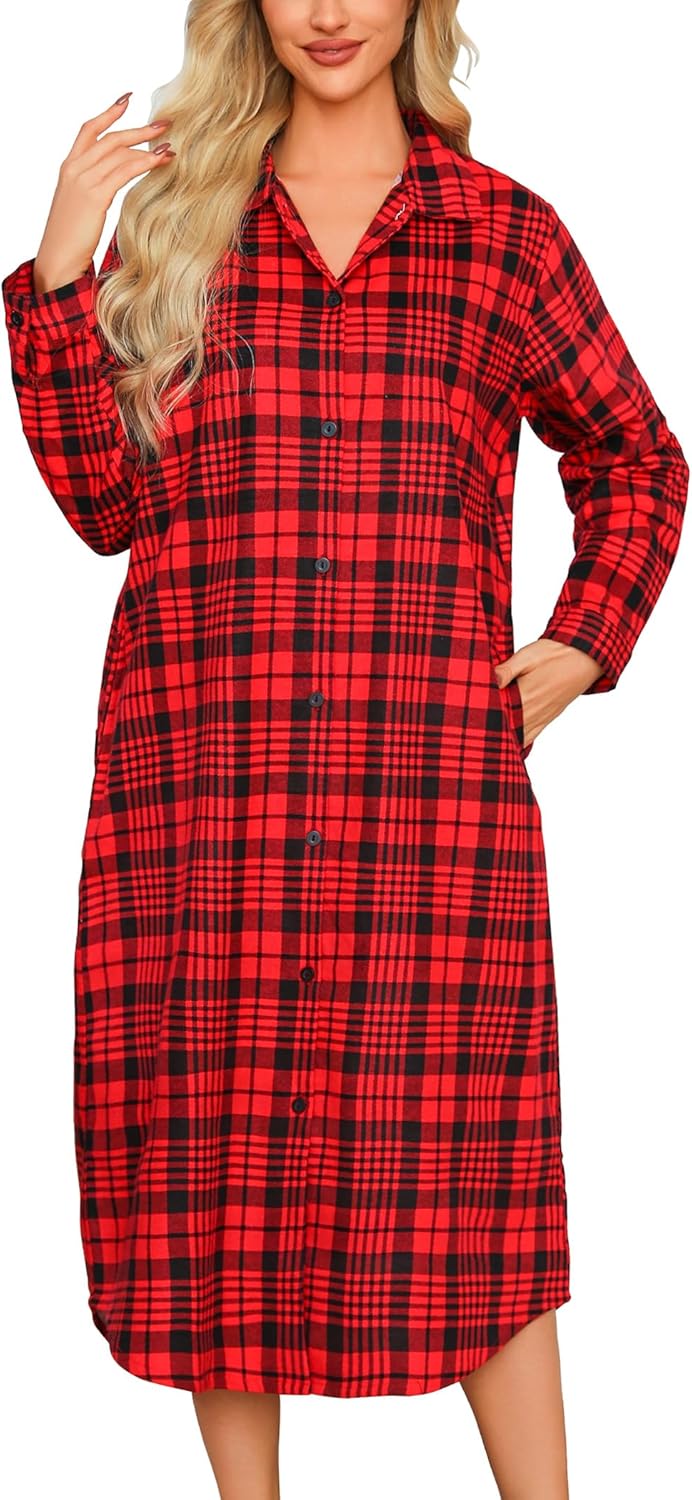 ENJOYNIGHT Womens Long Flannel Nightgown Plaid Nightshirt Button Down Pajamas Dress Long Sleeve Sleepshirts