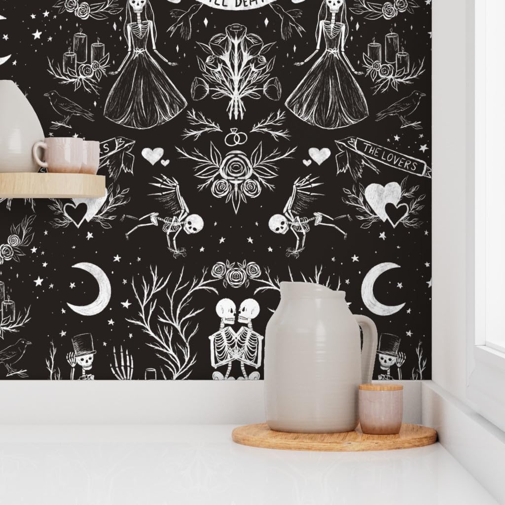 Spoonflower Peel & Stick Wallpaper 3ft x 2ft - Death Gothic Halloween Black White Skeletons Wedding Lovers Groom Dark Custom Removable Wallpaper