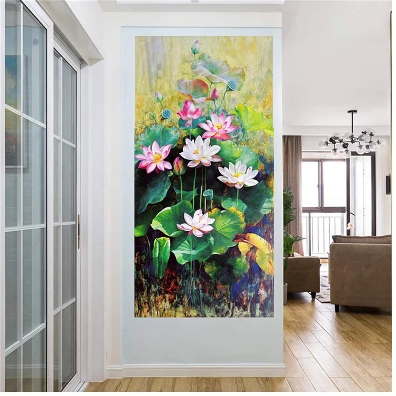 DIY Diamond Painting Kit Completo,Diamond Art Kit Ricamo per Adulti e Principianti,Artigianato Artistico per la Decorazione della Parete della Casa,Pittura Diamante 60x180cm,Stagno di loto-s490