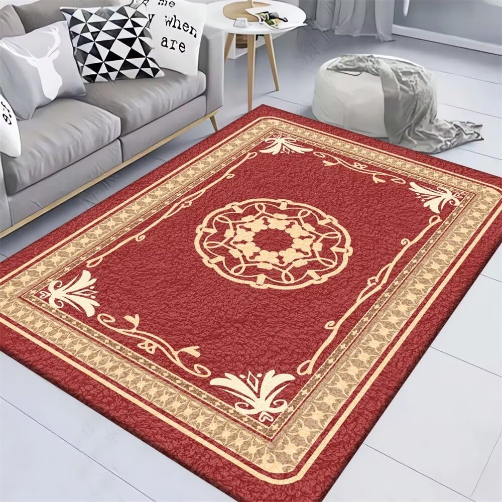 Tapis de canapé rouge 140x200cm lavable à motif floral vintage pour le salon