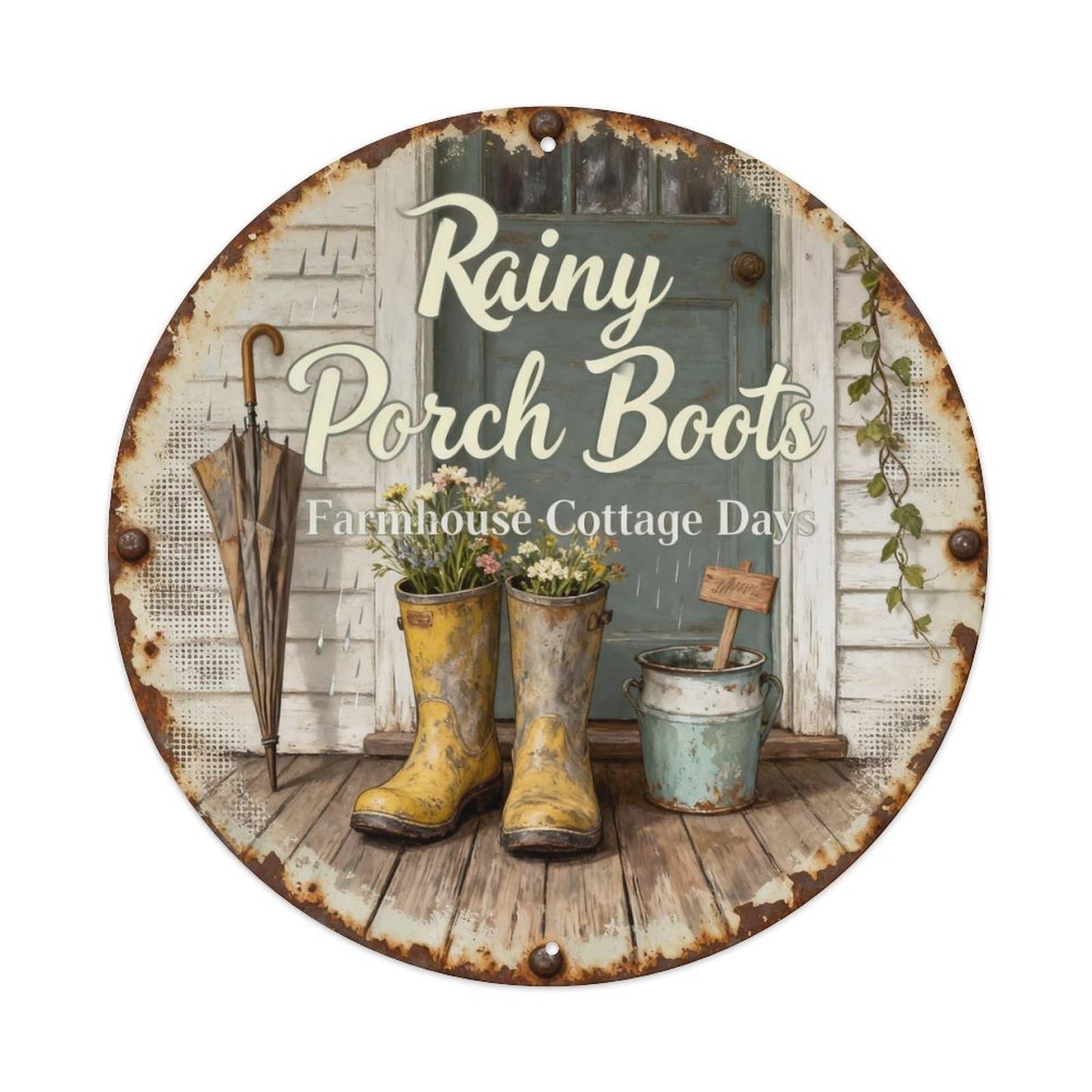 Rainy Porch Boots Metal Tin Sign Plaque