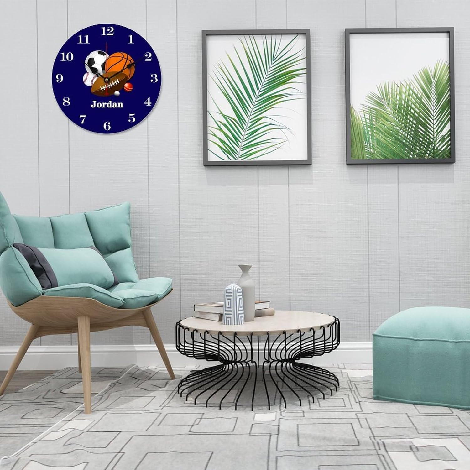 14 Inch Custom Sports Ball Wall Clocks Personalized Name for Kids Boys Bedrooms,Sport Theme Blue Wall Clock Battery Operated Silent Non Ticking for Nursery Children Room Decor Birthday Gifts
