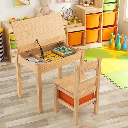 Miniatura 64 de HONEY JOY Juego de mesa y silla para niños, escritorio y silla de madera con cajón, soporte para rollo de papel y 2 rotuladores, juego de mesa de