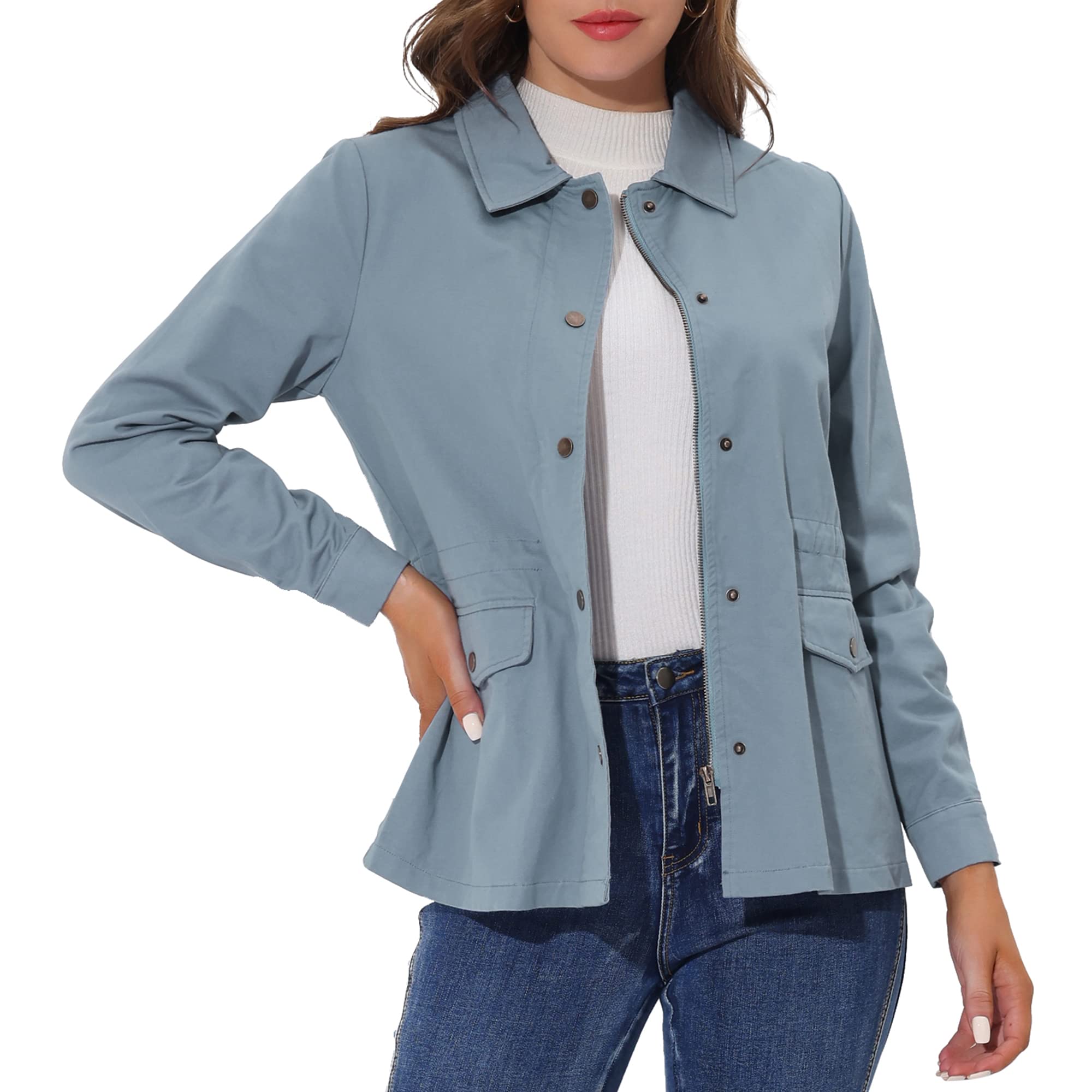 Allegra K Women's Utility Jacket Zip Up Drawstring Waist Snap Buttons Lightweight Anorak Jackets with Pockets