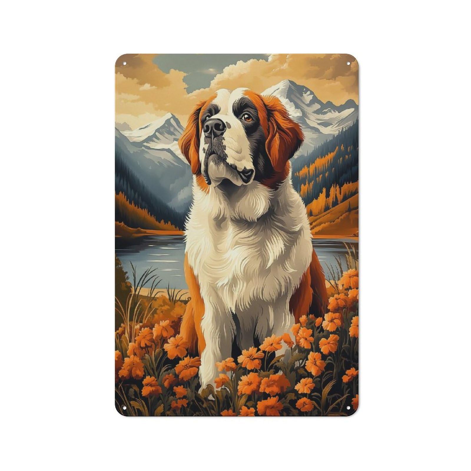 Junmoney Style-4 Metal Wall Sign 30X20cm Featuring St. Bernard Dog In Mountain Landscape For Hallway Wall, For Hallway Decor Lovers, For Retro Home Interiors
