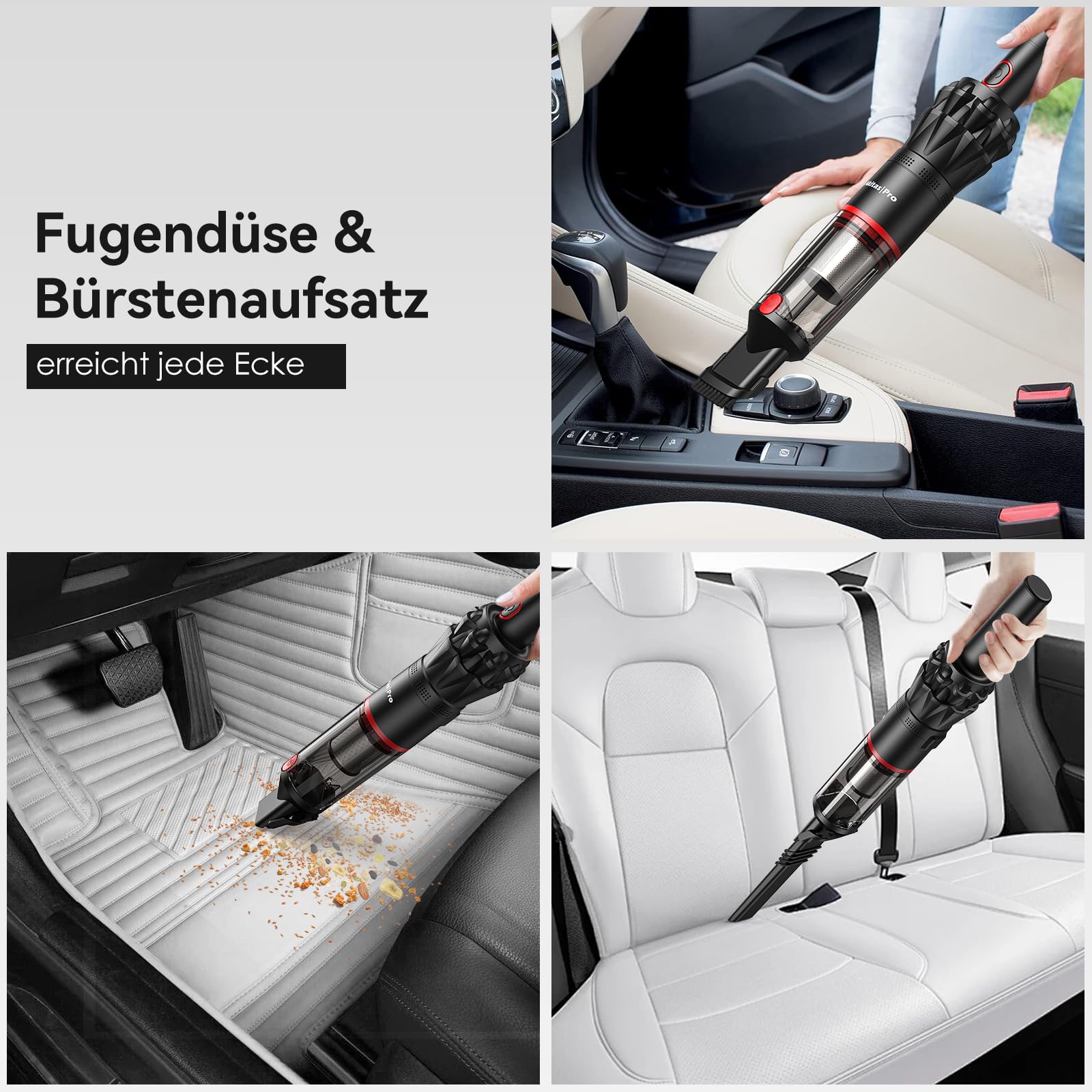 Akitas Pro H2 Handstaubsauger, Handstaubsauger Akku - 0,5 kg Ultra-Leichter Staubsauger: Bis zu 26 Min. Laufzeit, HEPA- & Stahlfilter, 2-in-1 für Auto, Sofa & Zuhause