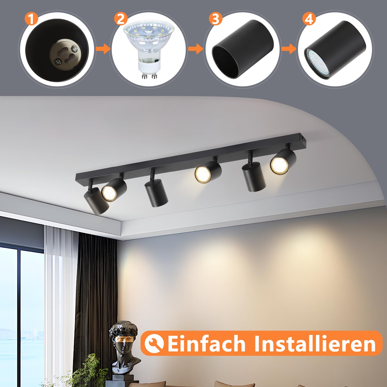 Homefire LED Deckenstrahler 6 Flammig GU10 Schwarz 350° Schwenkbar Deckenleuchte Innen