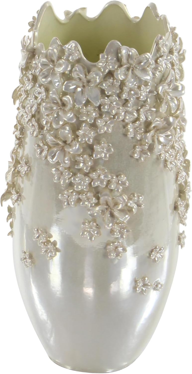 Deco 79 Ceramic Floral Decorative Vase 3D Centerpiece Vase with Iridescent Glaze, Flower Vase for Home Decoration 9" x 9" x 16", Cream