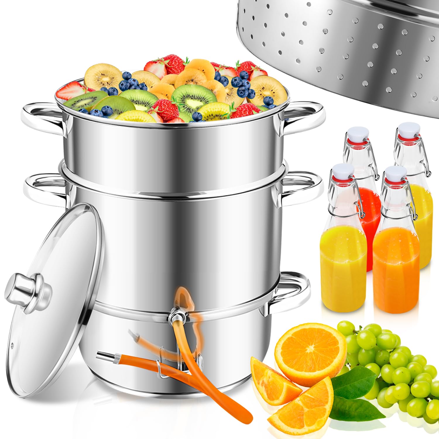 Extracteur de jus à vapeur, 16 l, diamètre : 26 cm, en acier inoxydable, avec 4 bouteilles à étrier, convient à tous les types de feux, extracteur de jus de fruits et légumes, passe au
