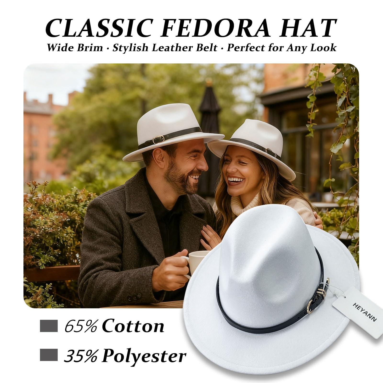 HEYANN Chapeau Fedora classique à large bord avec boucle de ceinture en feutre unisexe Trilby pour homme et femme