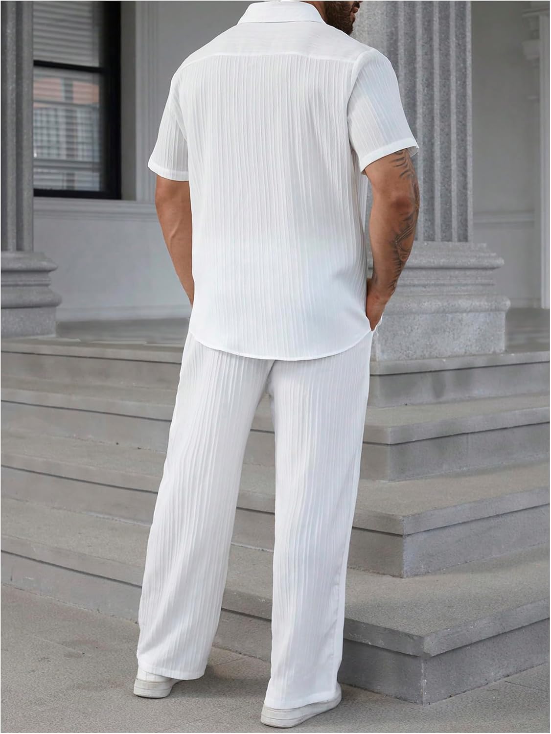 Men's 2 Piece Outfits Big and Tall Short Sleeve Button Down Shirt and Casual Loose Pant Sets - Image 2