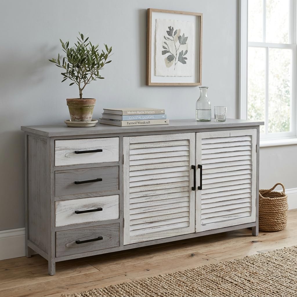 DiKasa Credenza Bicolor in Legno di Paulonia Bianco e Grigio Anticato con 4 Cassetti e 2 Ante a Persiana, Mobile Contenitore per Soggiorno Cucina Ingresso Stile Shabby Chic 128x43x66 cm