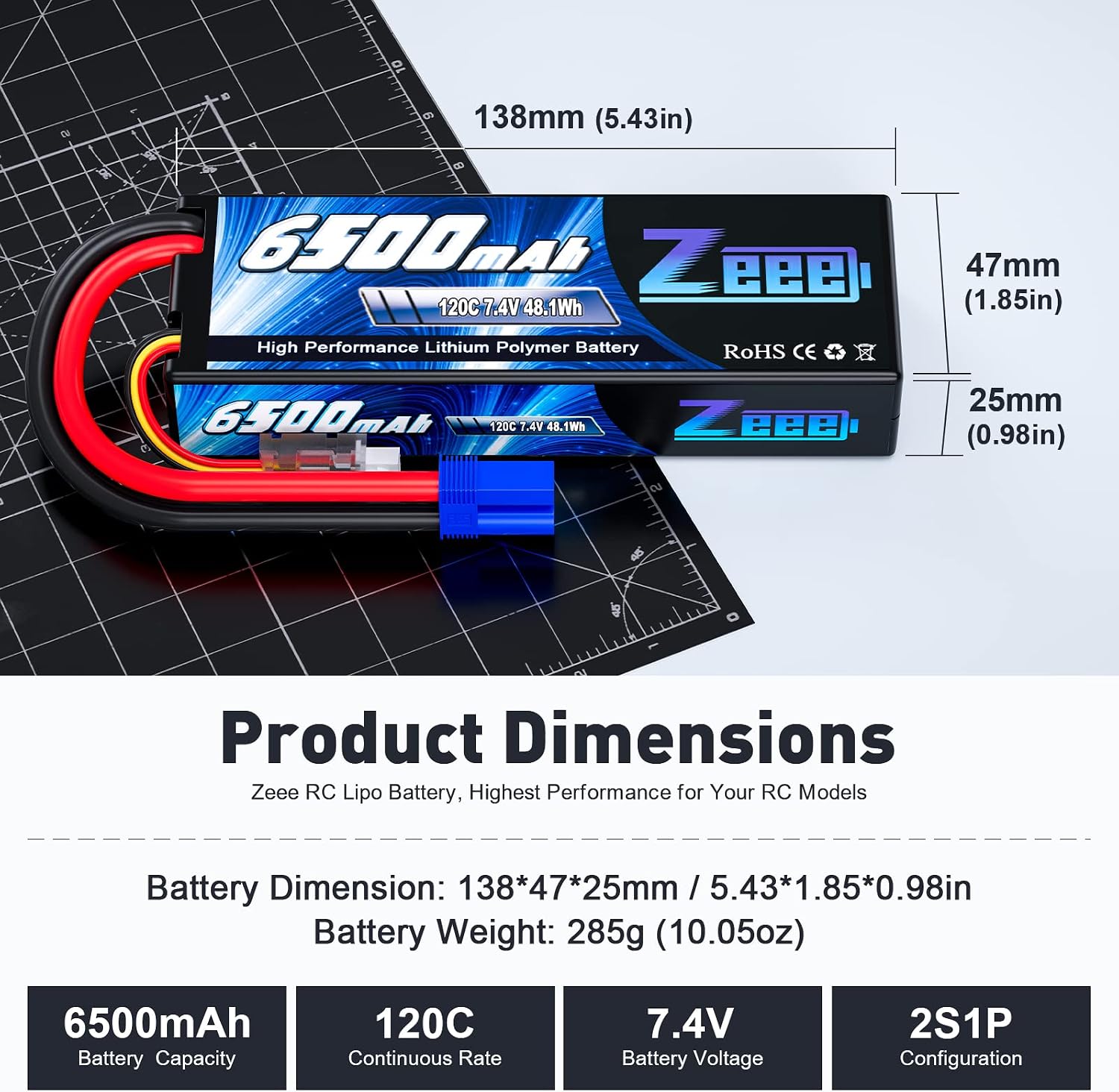  2S Lipo Battery 6500mAh 7.4V 120C with EC5 Connector (2 Pack) | Hard Case RC Car Battery for RC Vehicles RC Truck Tank Truggy Boat Racing Hobby Models thumbnail