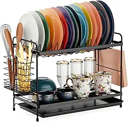 Escorredor de Pratos Inox, Escorredor de Louça Completo em Aço Carbono Organizador, Suporte para Talheres, Copos, Tábuas, Facas e Bandeja de Detachable Drain Tray, resistente e durável, (Preto)