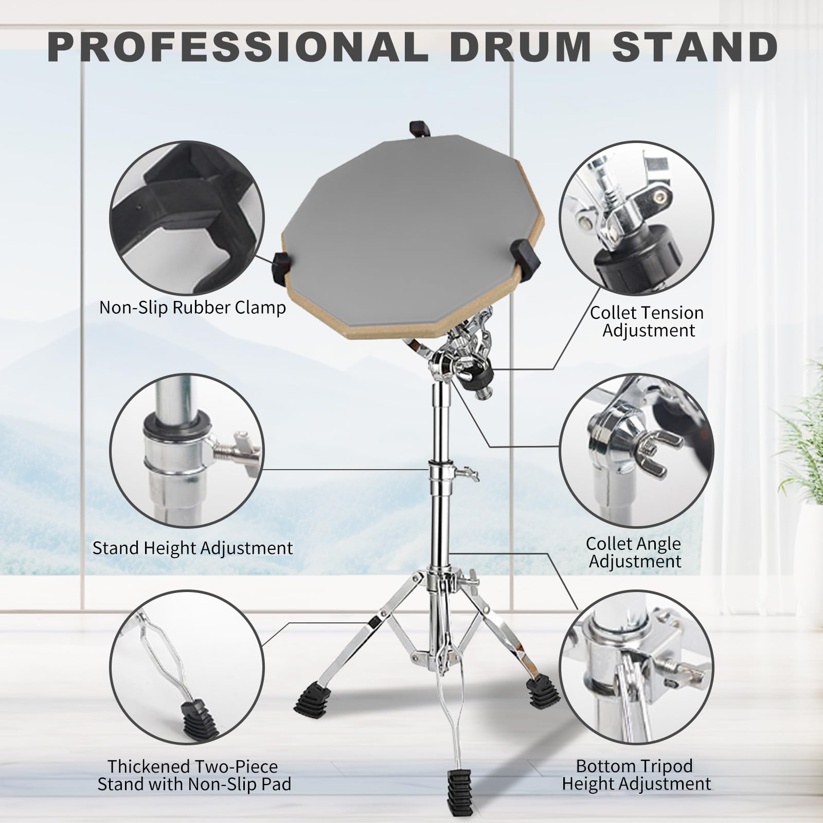 Trommel-Übungspad mit Ständer, 12 Zoll leises Snare-Trommel-Übungspad-Set, inkl. 3 Paar Trommelstöcken, Trommelstock-Halter und Aufbewahrungstasche, höhenverstellbar, gray für Anfänger