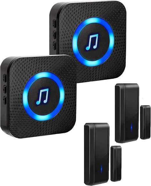 Wireless Door Open Sensor Alarm Chime 500ft Operating Range 58 Chimes 5 Adjustable Volume with Mute Mode LED Indicators for Home Store Office with 2 Plug-in Receivers and 2 Sensors