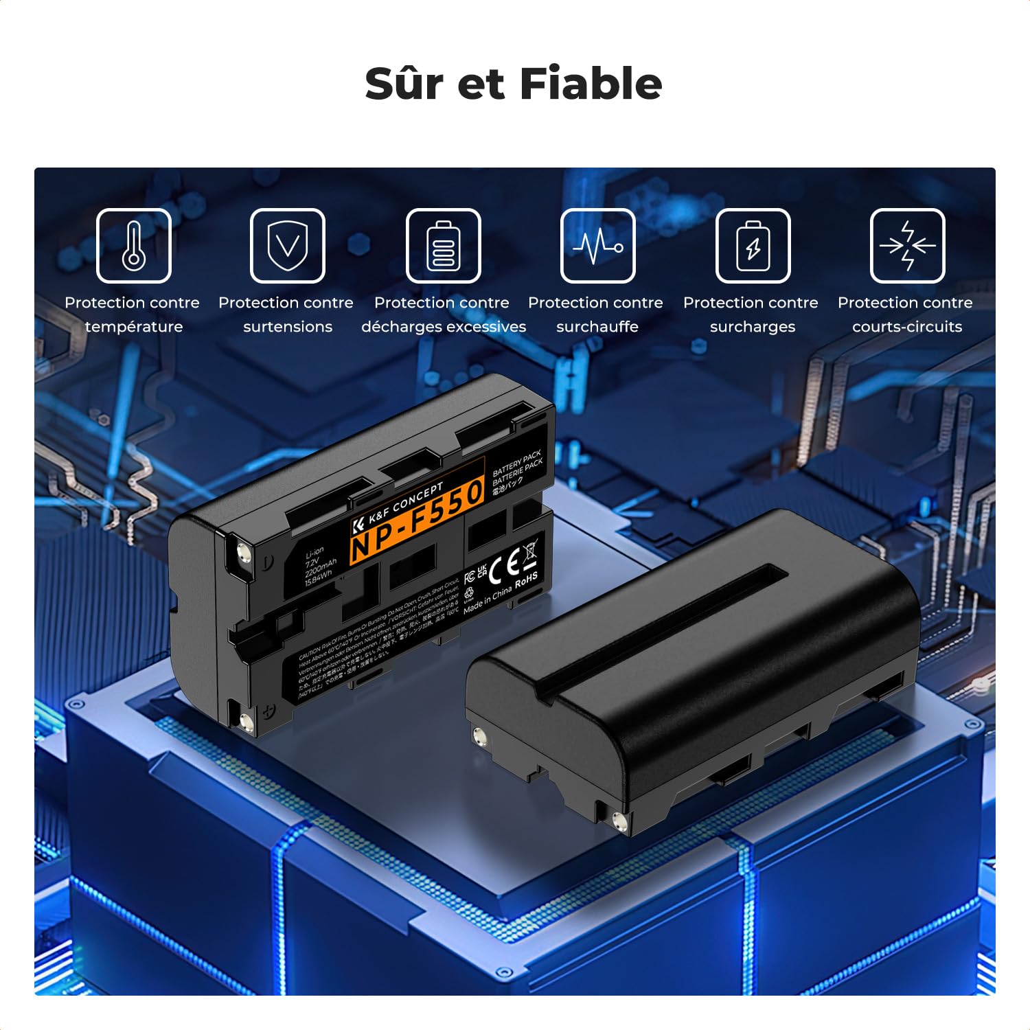 K&F CONCEPT NP-F550 Batterie LED Chargeur Kit 2600mAh Compatible avec Sony NP-F550 F570 F750 F770 F930 F950 F960 F970 pour Lampes LED/Moniteur/Curseur de Caméra