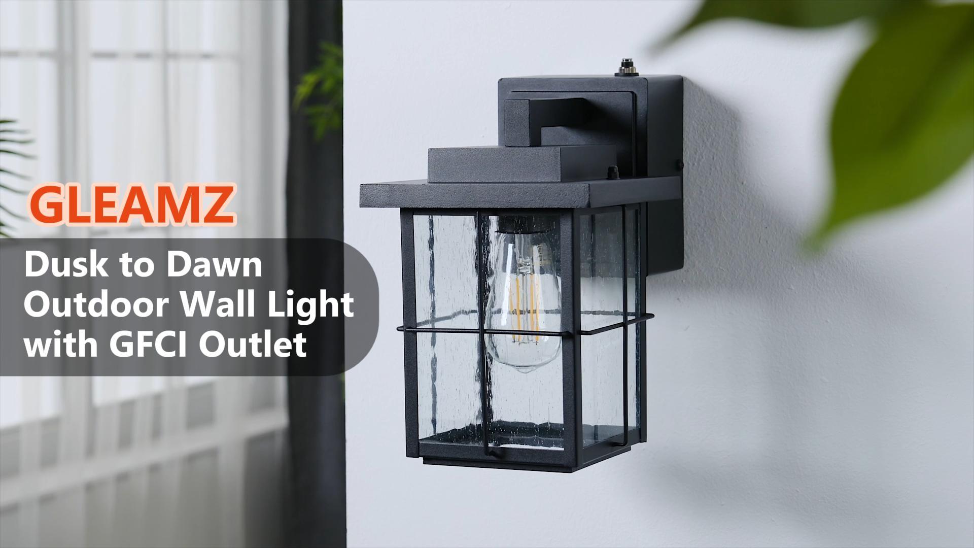 Image of Gleamz Outdoor Wall Light with GFCI Outlet, Modern Dusk to Dawn Light with Outlet, ORB Gold Trim Outdoor Wall Lantern for Porch, Waterproof Exterior Lights Wall Mount, Coach Light Fixtures for Garage