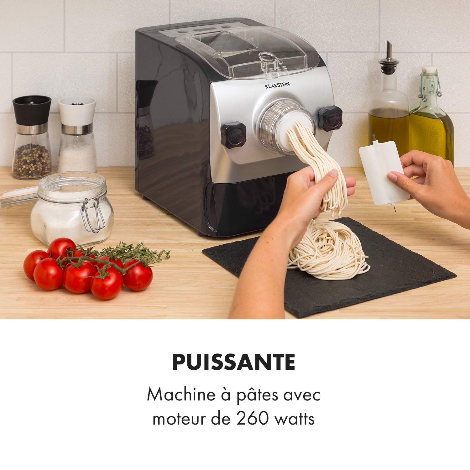 Klarstein Pastamania Machine à Pâtes Fraîches Électrique – 260W Automatique avec 7 Accessoires, 500g Capacité, Silencieuse 60dB, Écran LED, Pétrissage en 3 Min, Inclus Coupe-Pâte et Moule à Raviolis