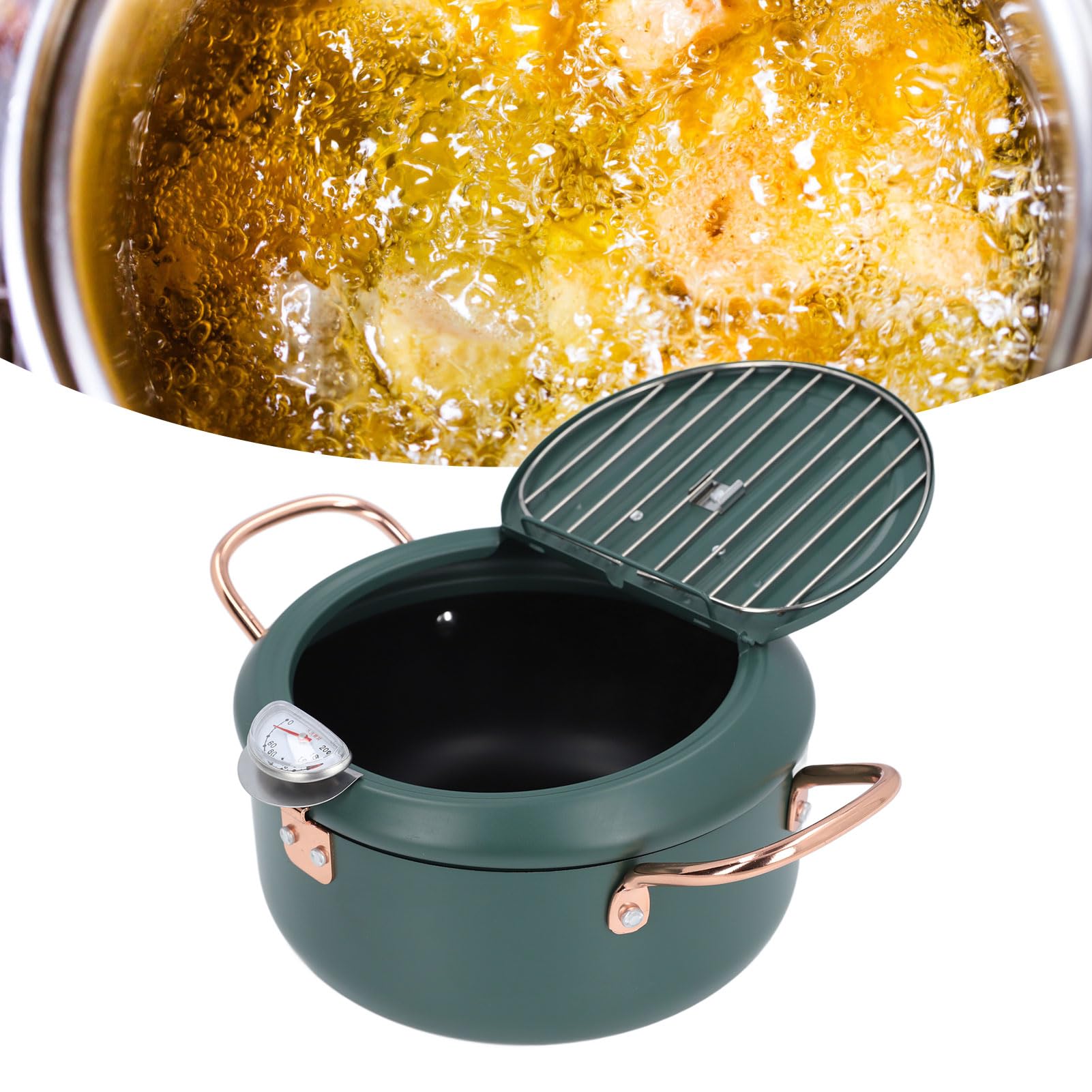 Tempura Frituurpan, Japanse Tempura friteuse pan, frituurpan met thermometer, deksel en afdruiprek voor friet, garnalen, 20 cm