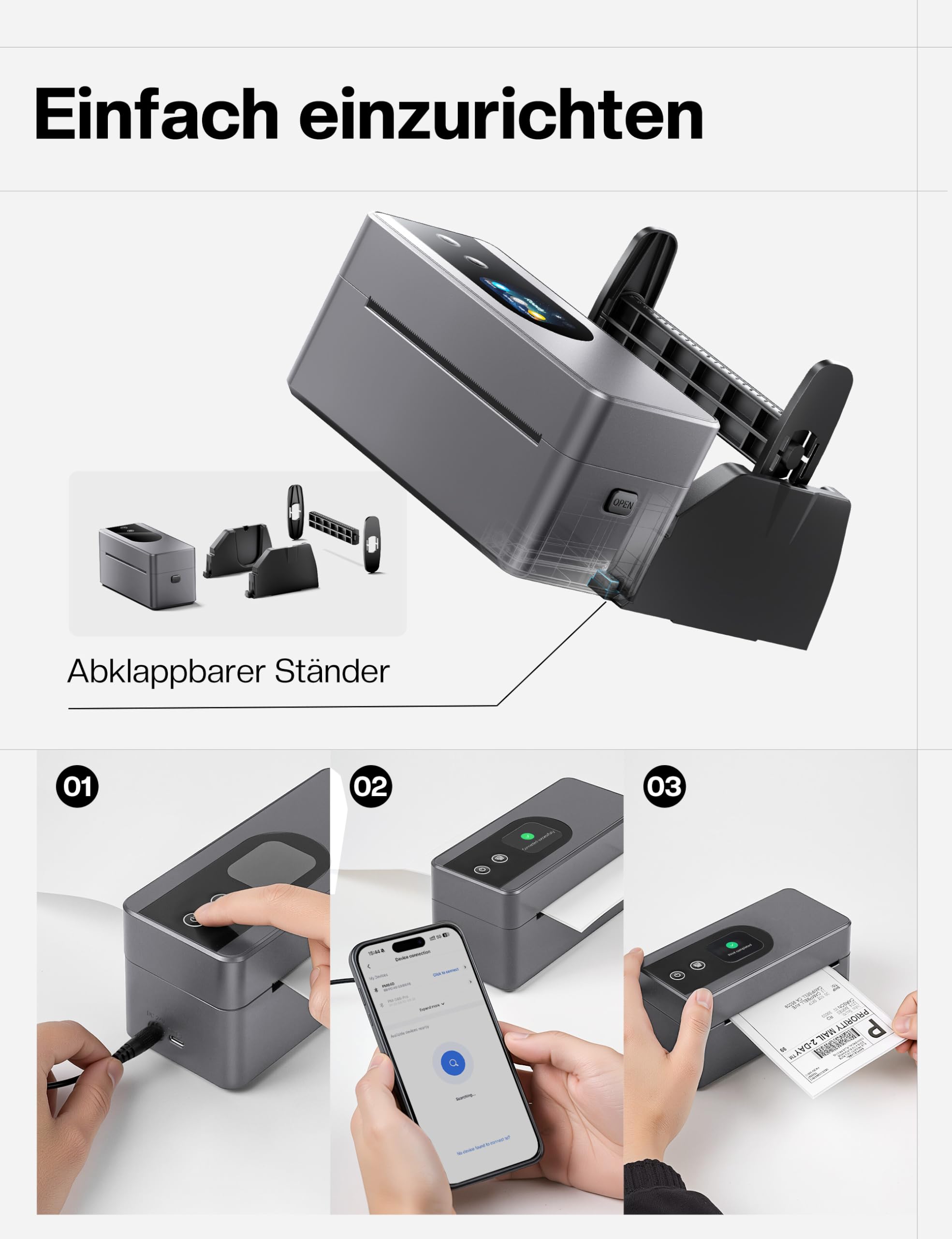 Phomemo Touchscreen Versandetiketten Drucker, PM64D Bluetooth Label Printer | Etikettendrucker DHL, Labeldrucker 4x6, Thermodrucker für Barcode, Kompatibel mit Amazon, Vinted, DHL, DPD, UPS, FedEx, Grau