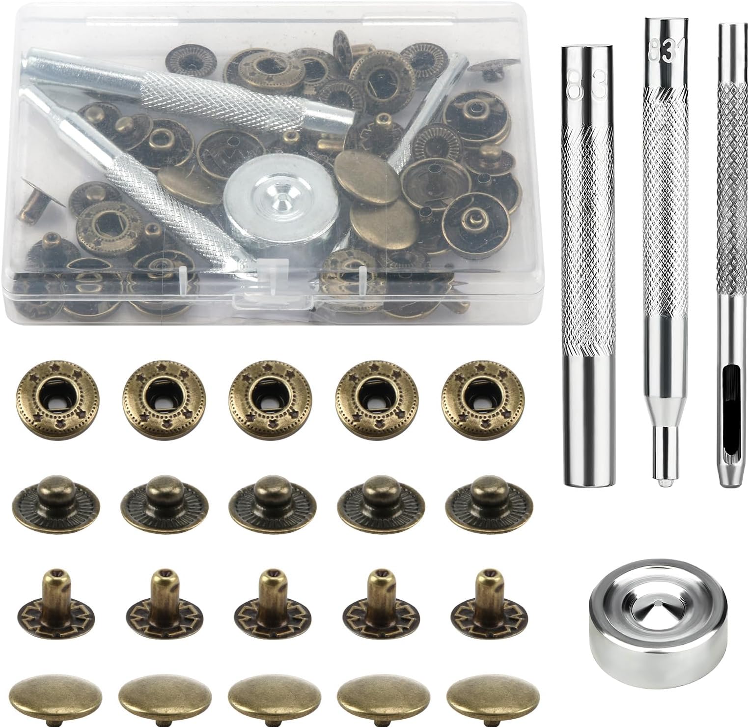 Press Studs Cap Buttons 12 Sets Metal Snap Buttons Kit 15mm Heavy Duty Leather Snap Fasteners with 4 Install Fixing Tools for Sewing Jeans Clothing Canvas Bags Jackets Belt DIY Crafts, Bronze