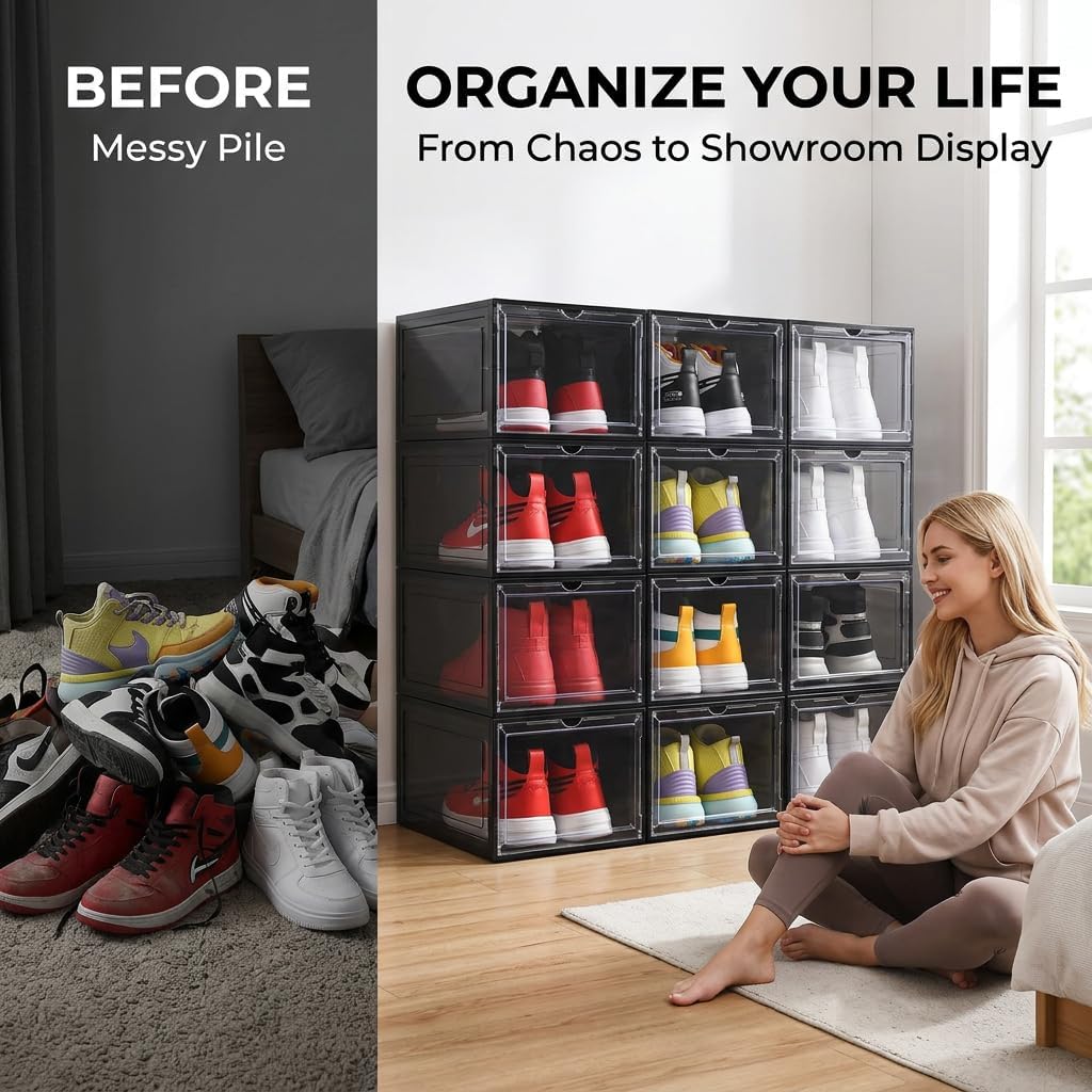 Large Black Shoe Storage Boxes Stackable, 12 Pack Hard Plastic Shoe Storage Organizer with Magnetic Door, Shoe Container Sneaker Storage Display Case Fit up to US Size 12 Black